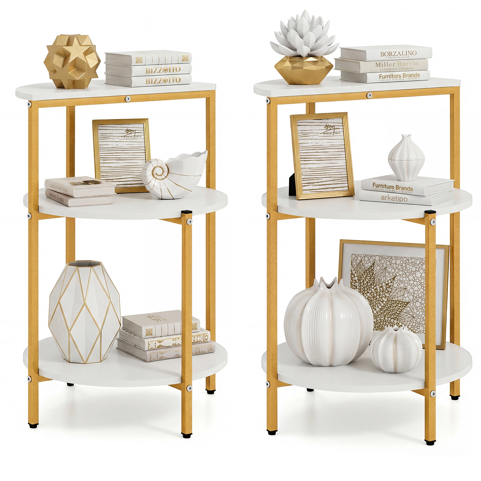 Glintex 2-Piece 3-Tier Round End Table Set with X-Shaped Metal Base, White