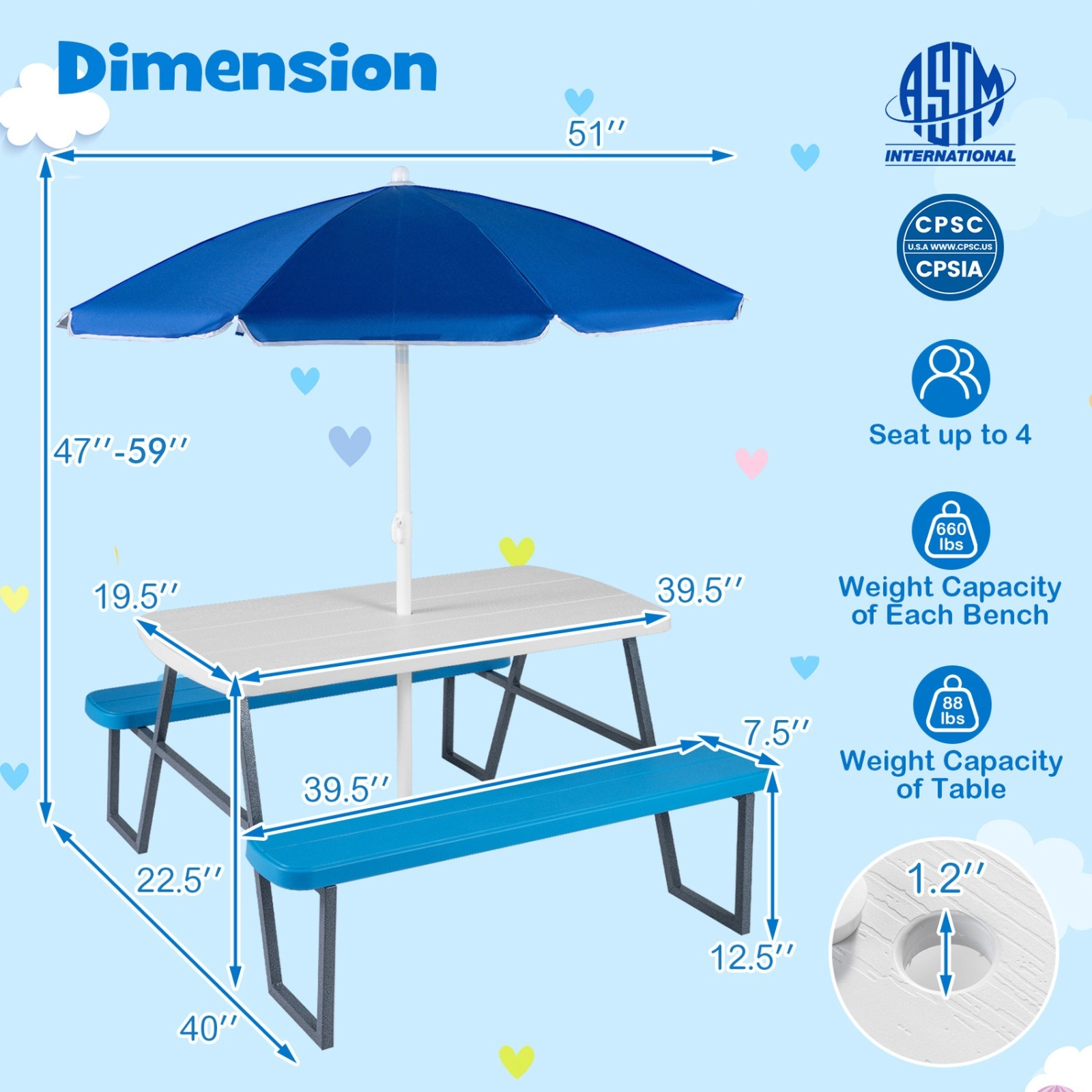 SUGIFT Kids’ Picnic Table Set with Umbrella, Blue HDPE Table and Benches for 4