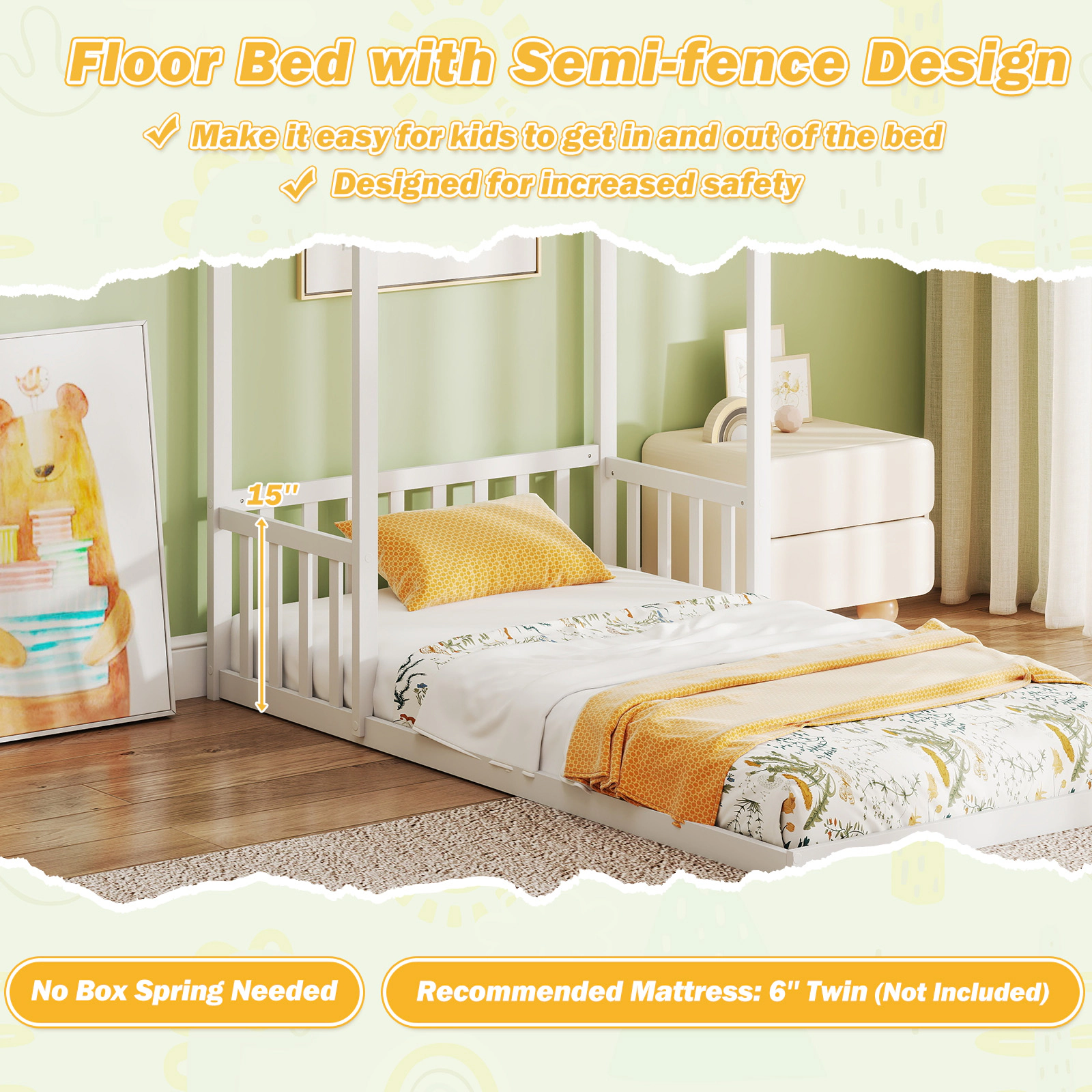 SUGIFT Twin Size House Floor Bed with House Shape Roof and Semi-Fence Toddler Bed White