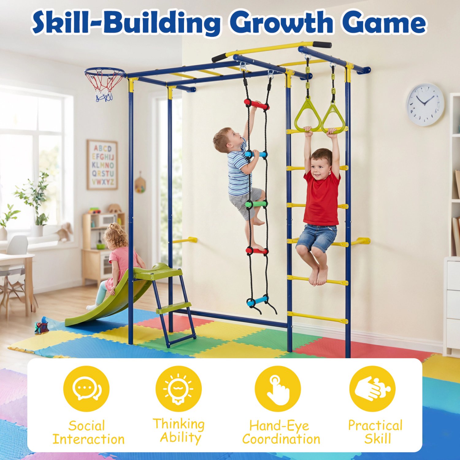 LJG Kids 7-in-1 Swedish Ladder Wall Playset with Monkey Bars and Slide