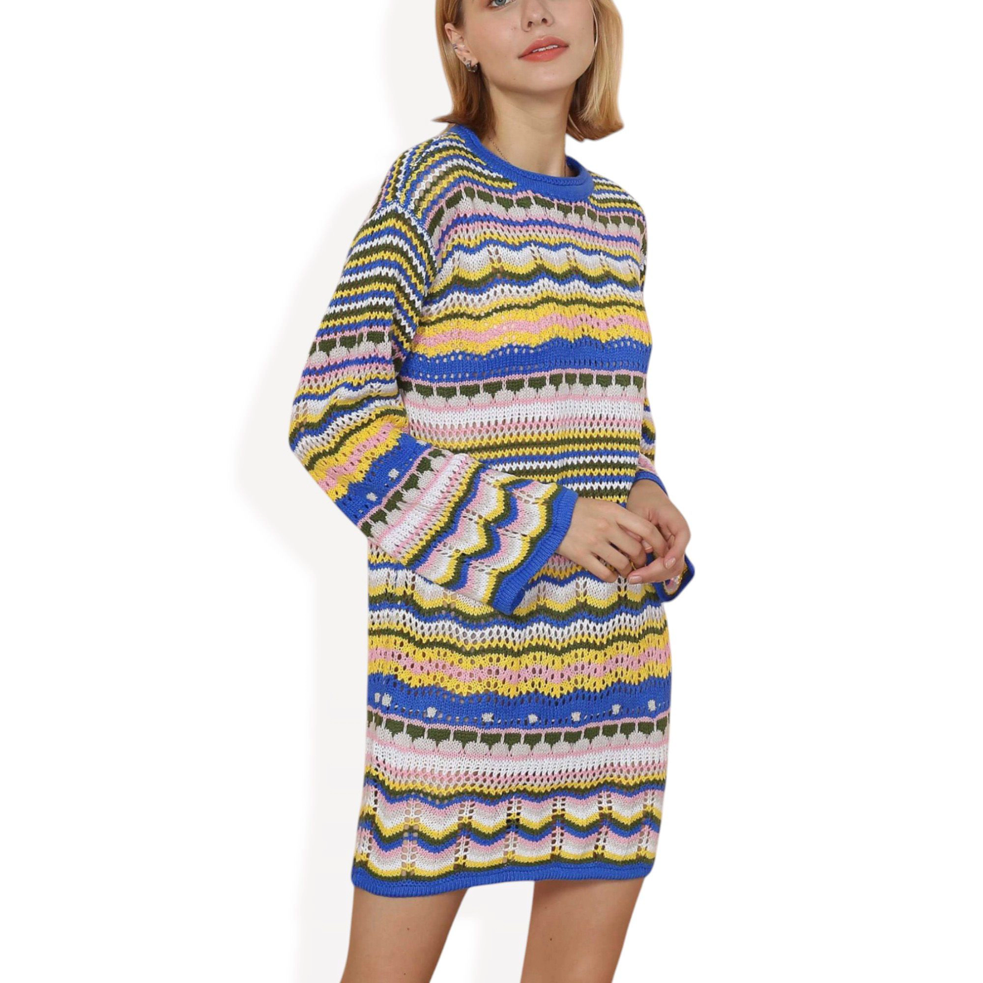 Anna-Kaci Women's Colorful Striped Long Sleeve Knit Sweater Dress