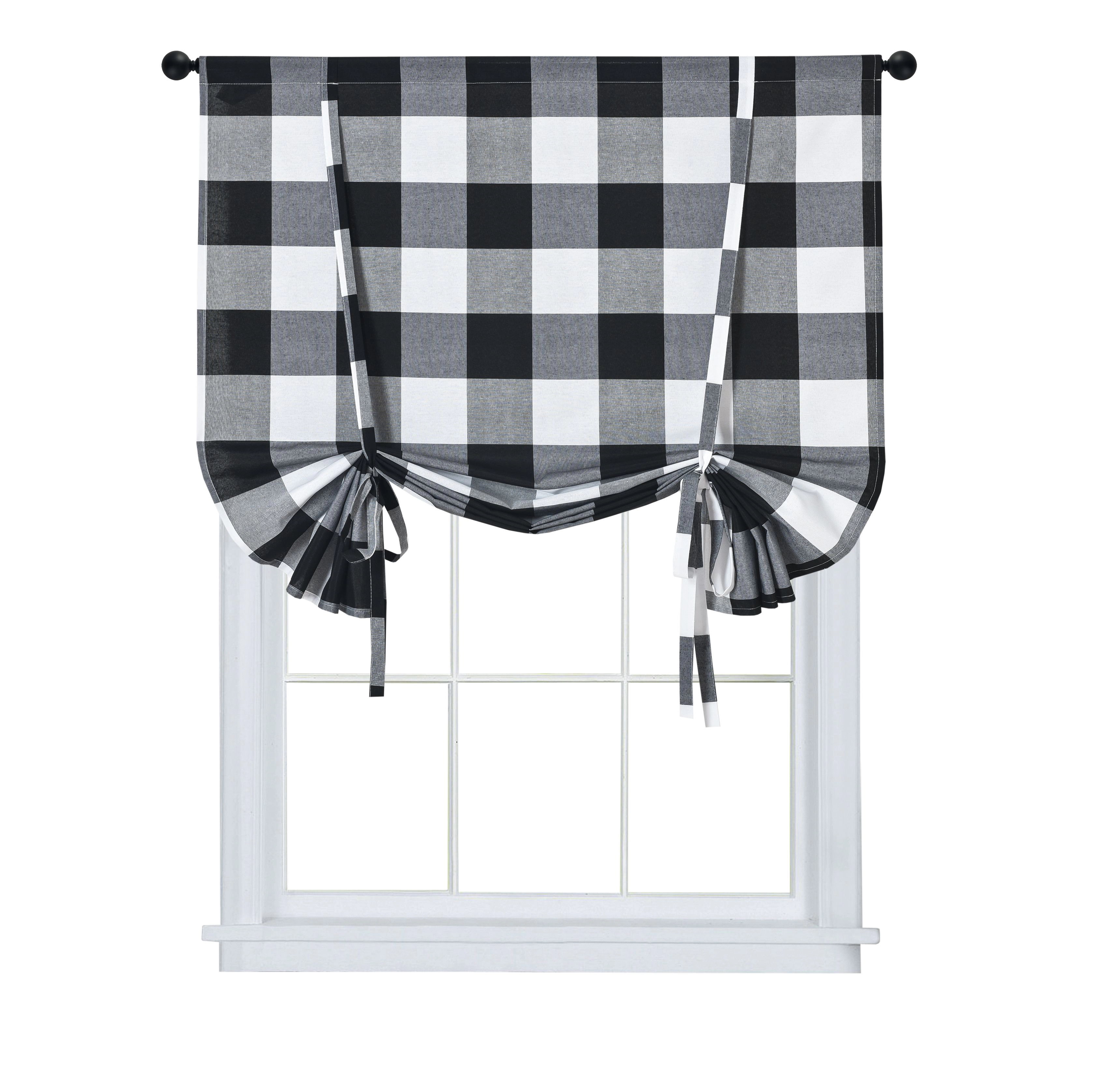 Kate Aurora Country Farmhouse Rod Pocket Buffalo Plaid Gingham Tie Up Window Curtain Panel