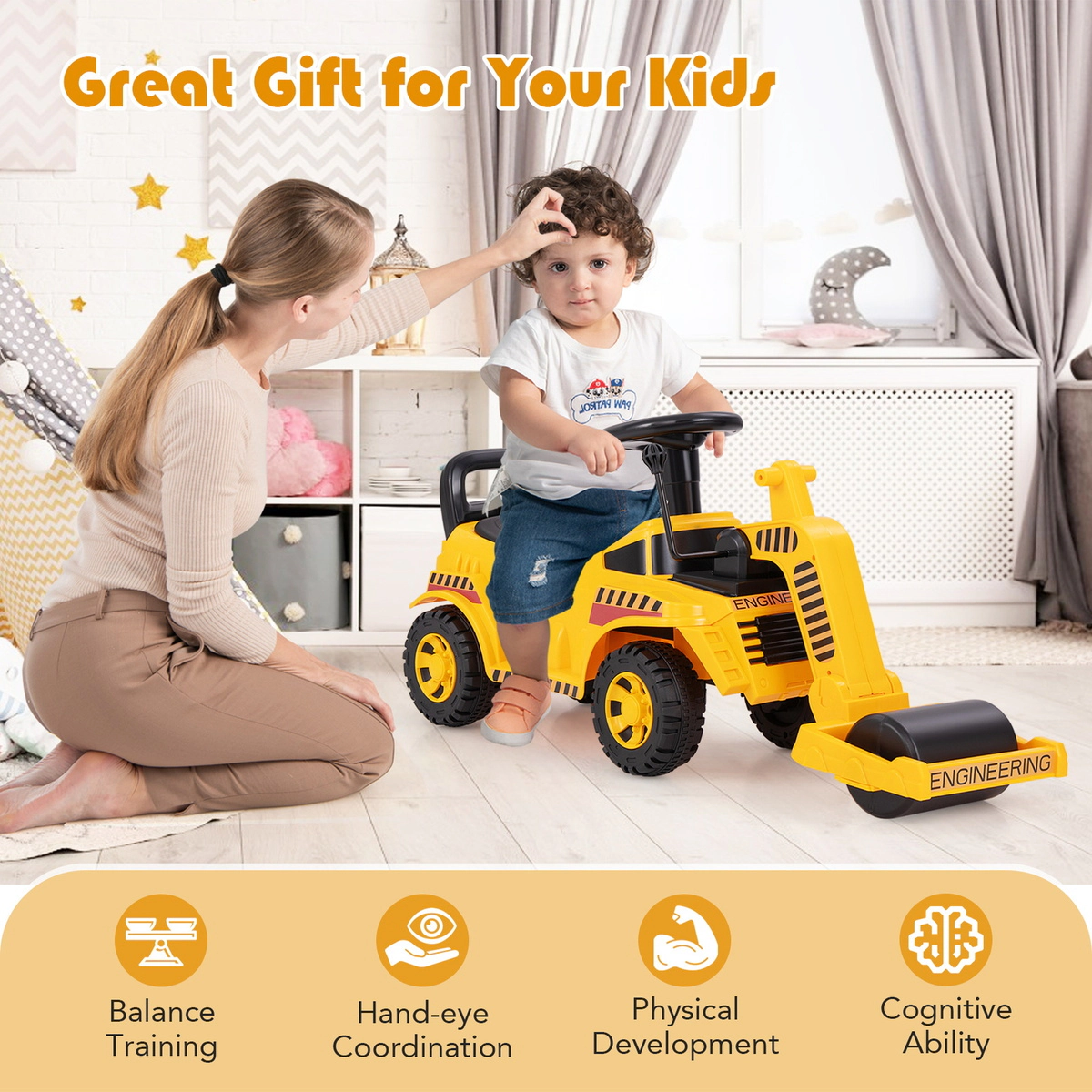 SUGIFT Yellow Toddler Ride-On Road Roller Car with Adjustable Roller and Under Seat Storage 33-lb Rider