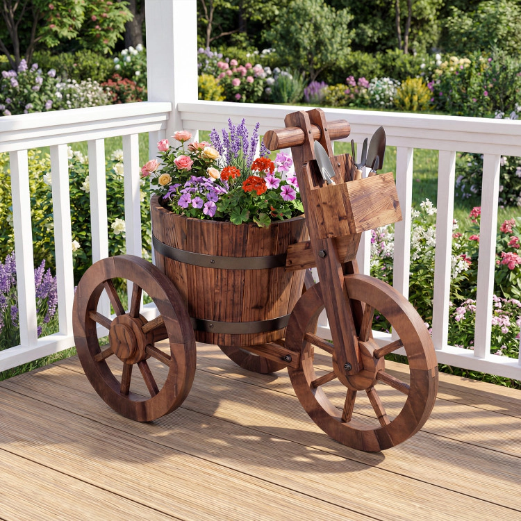 Hivvago Rustic Wood Tricycle Planter with Wheels and Storage Box