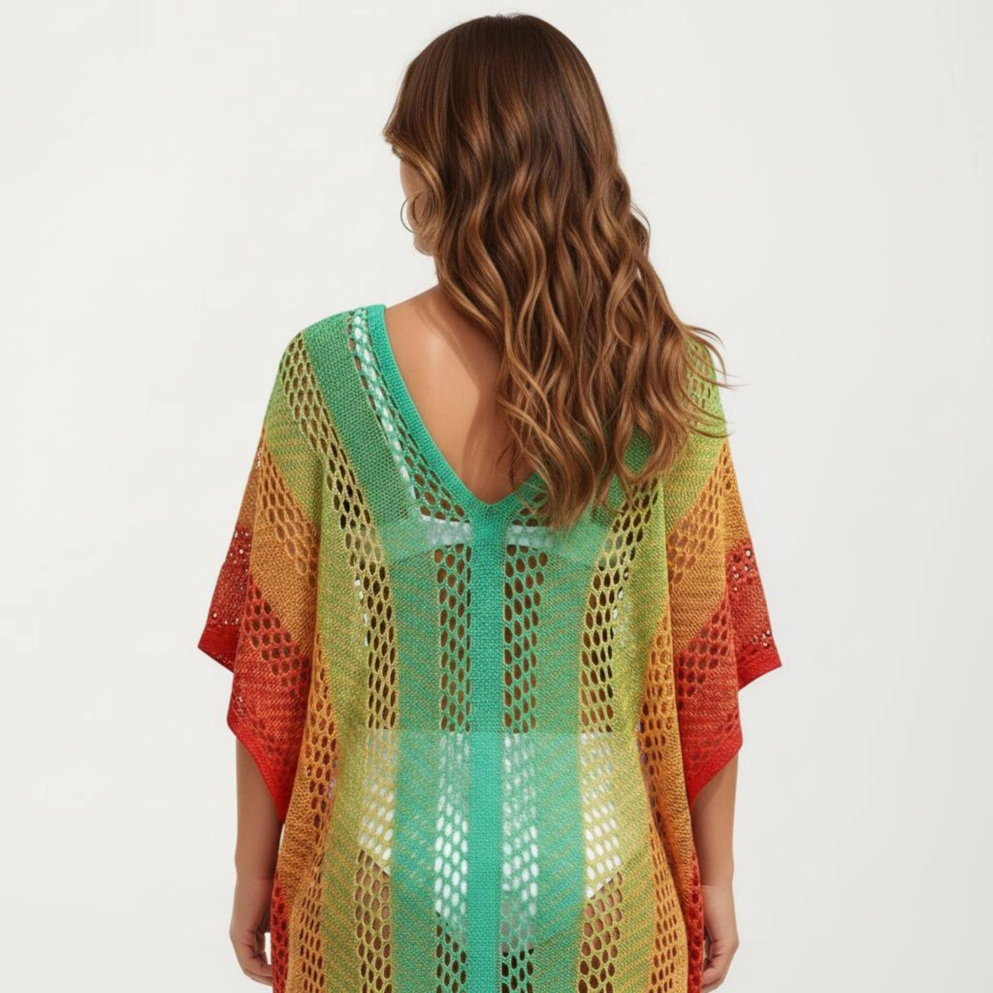 Anna-Kaci Women's Ombre Crochet Open Knit Mesh V Neck Short Sleeve Relaxed Fit Swim Cover Up Dress