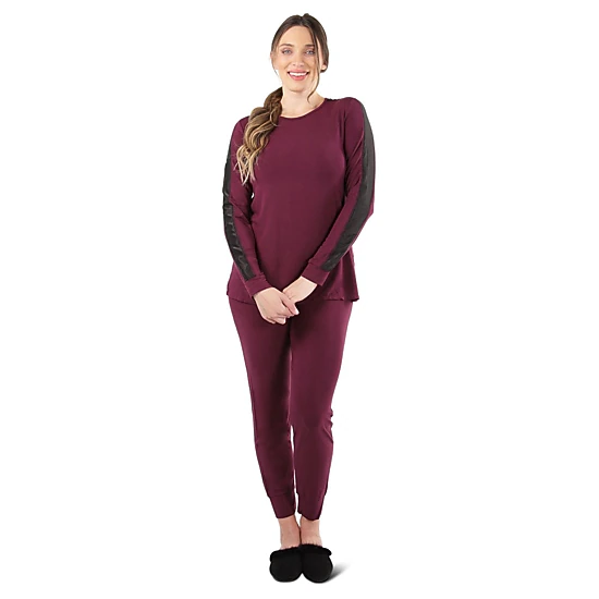 MeMoi Women's Satin Trim Long Sleeve Matching Pajama Set