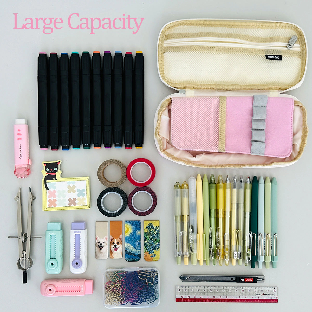 Wrapables Large Capacity Pencil Case, Expandable Pencil Pouch with 3 Washi Rolls, Pink