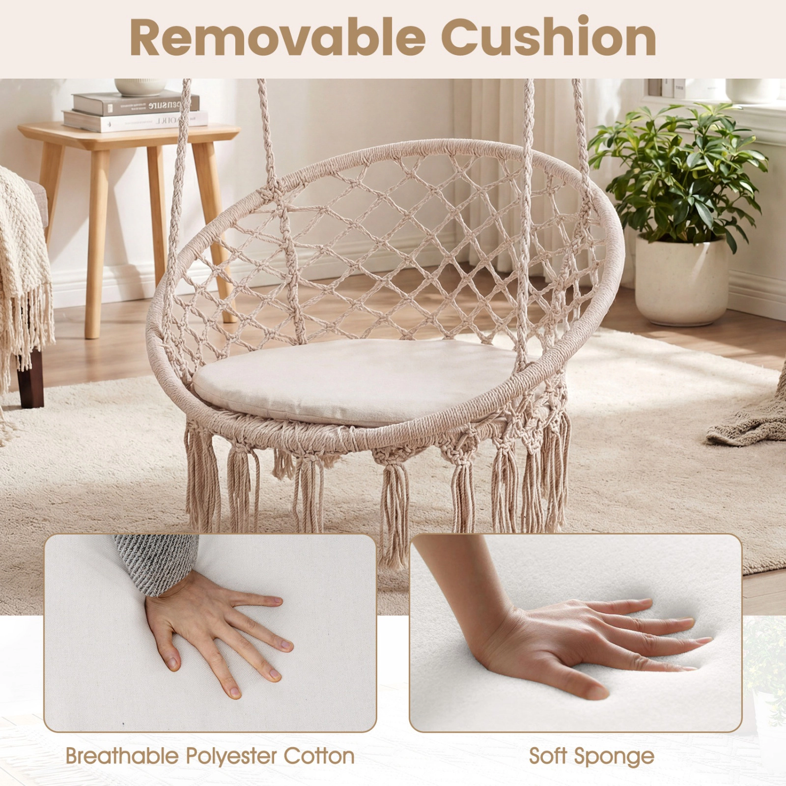 SUGIFT Macrame Swing Chair Hammock Chair with Round Seat Cushion 330-lb Capacity Beige