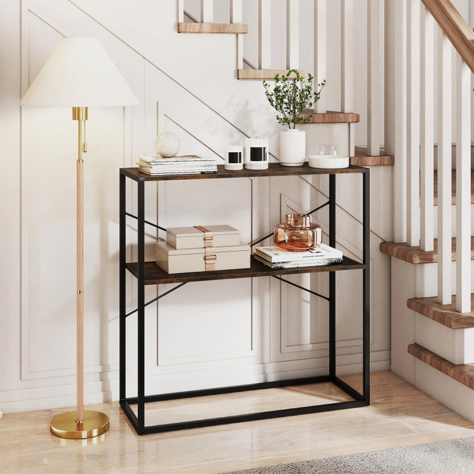 SUGIFT 2-Tier Open Shelves Black Metal X Frame Console Table 36-in x 13-in x 36-in 66-lb per Shelf Rustic Brown