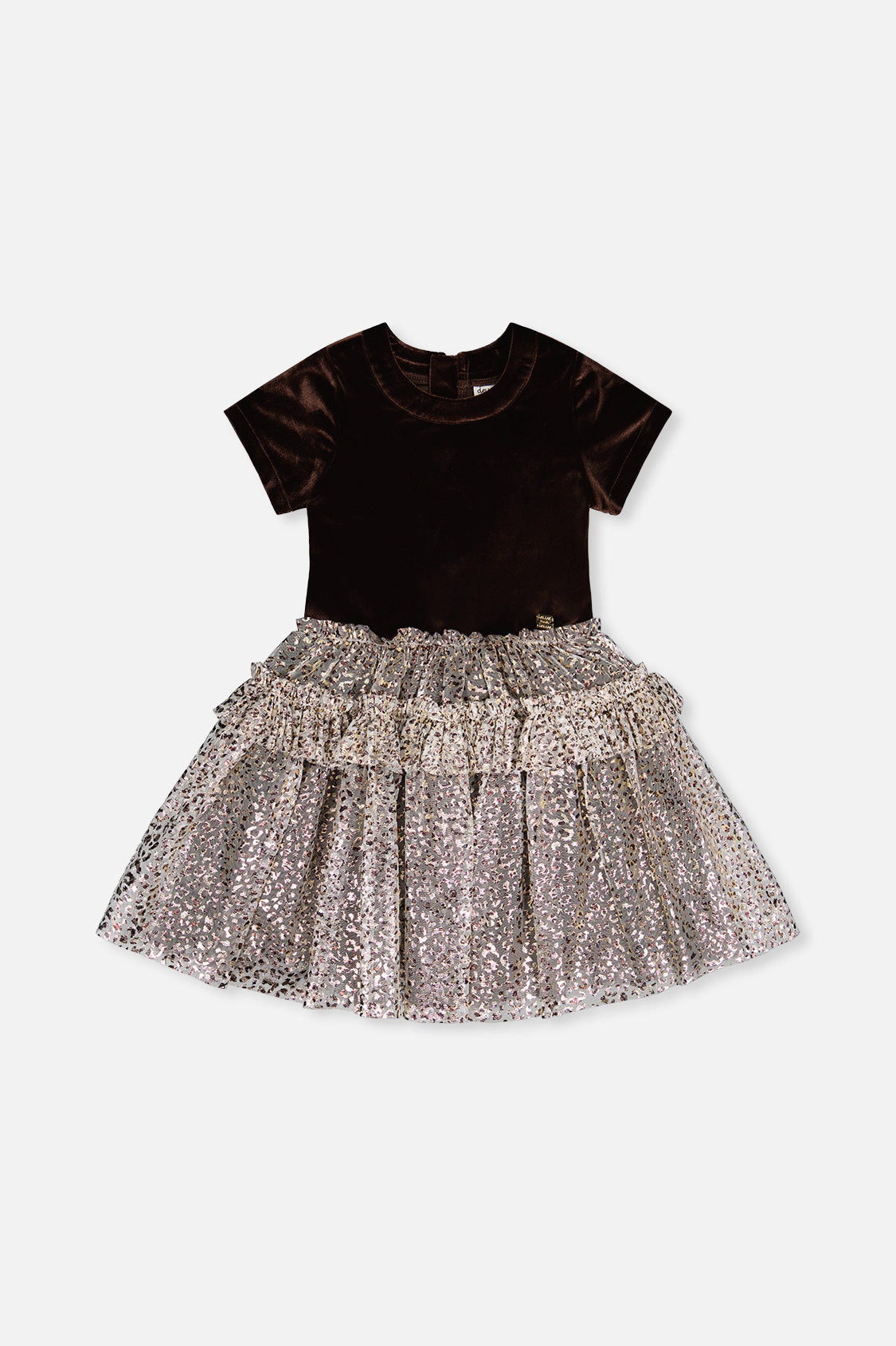 Deux par Deux Girls Bi-Material Short Sleeve Dress with Metallic Leopard Printed Mesh Skirt