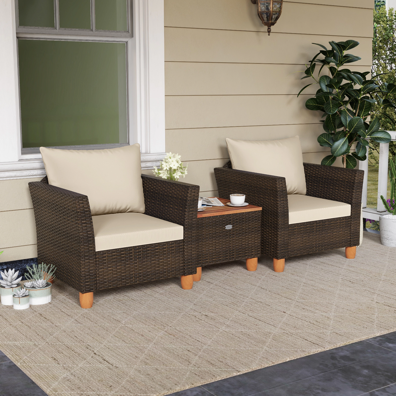 LJG 3 Pieces Patio Rattan Bistro Furniture Set with Wooden Table Top