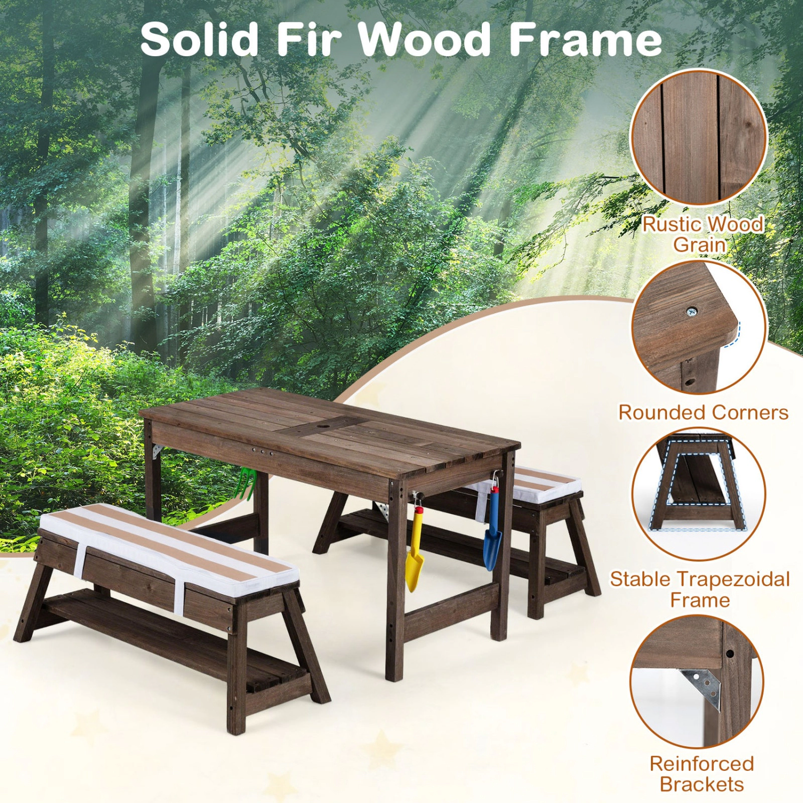 SUGIFT Umbrella and Water Boxes Kids Outdoor Fir Wood Picnic Table Bench Set