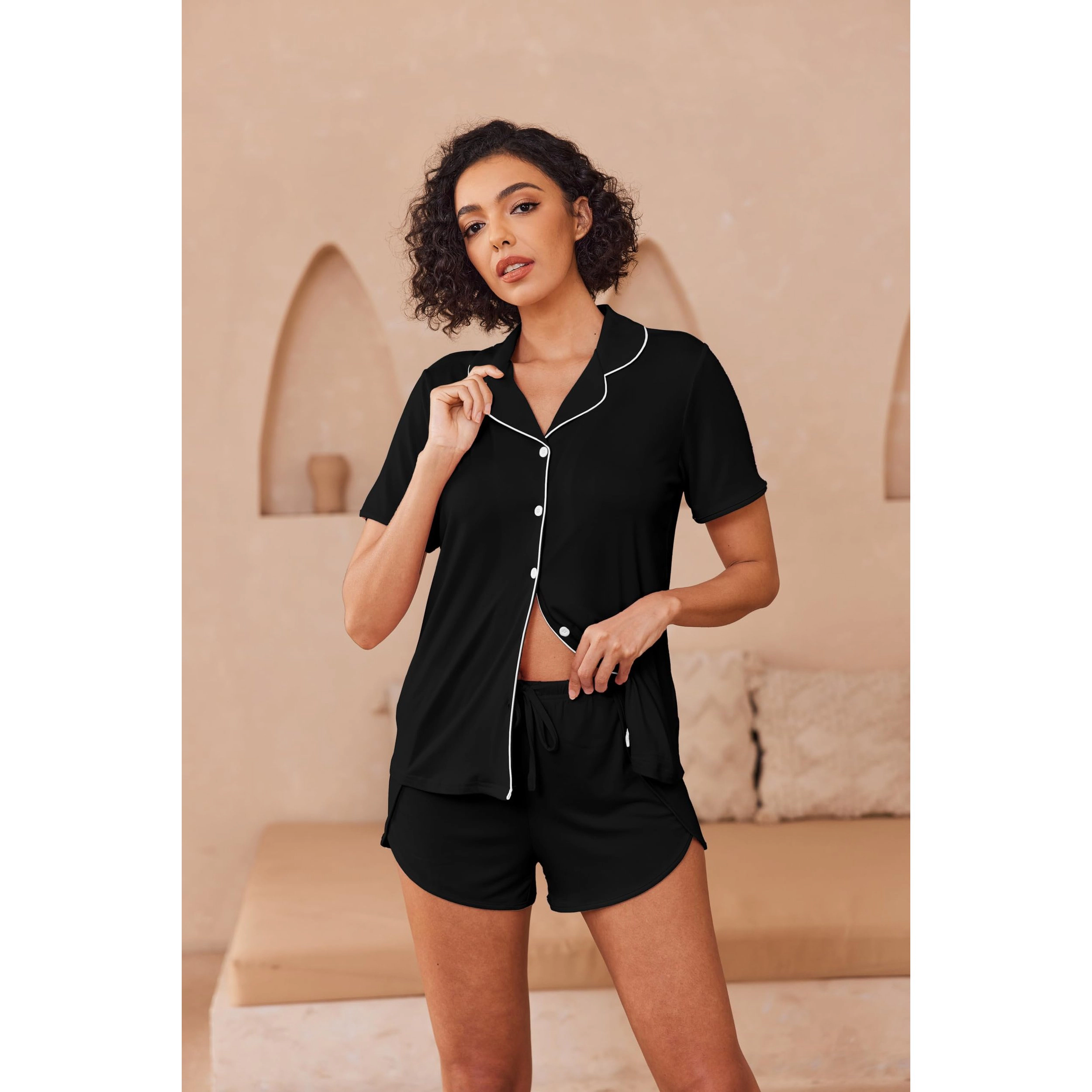 Ekouaer Women's Notch Collar Short Sleeve Bow Print Pajama Set