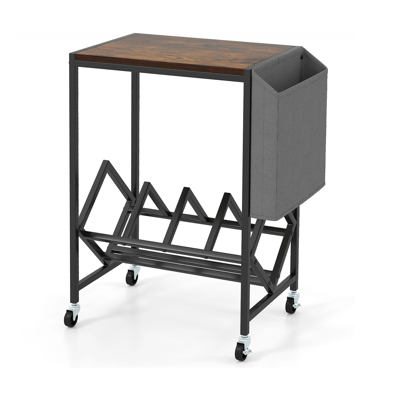 SUGIFT Rolling Record Player Stand 2-Tier Accent Table Vinyl Storage & Magazine Holder 55-lb Tabletop Capacity Rustic