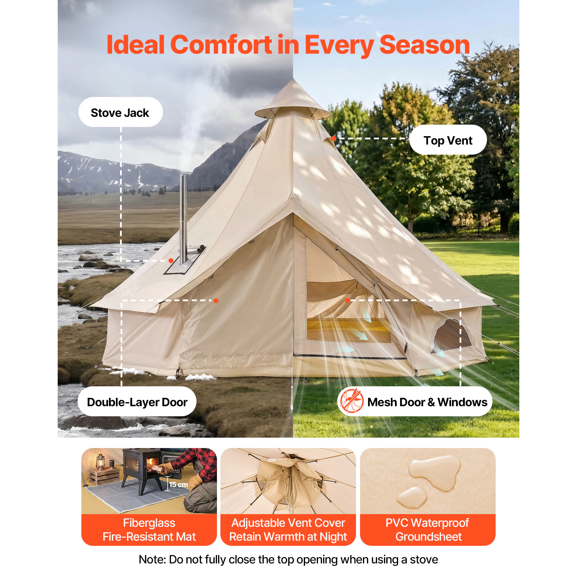 HONGGE Oxford Bell Tent 4 Seasons Yurt Tent for Camping with Stove Jack Waterproof Breathable Holds with Zipped