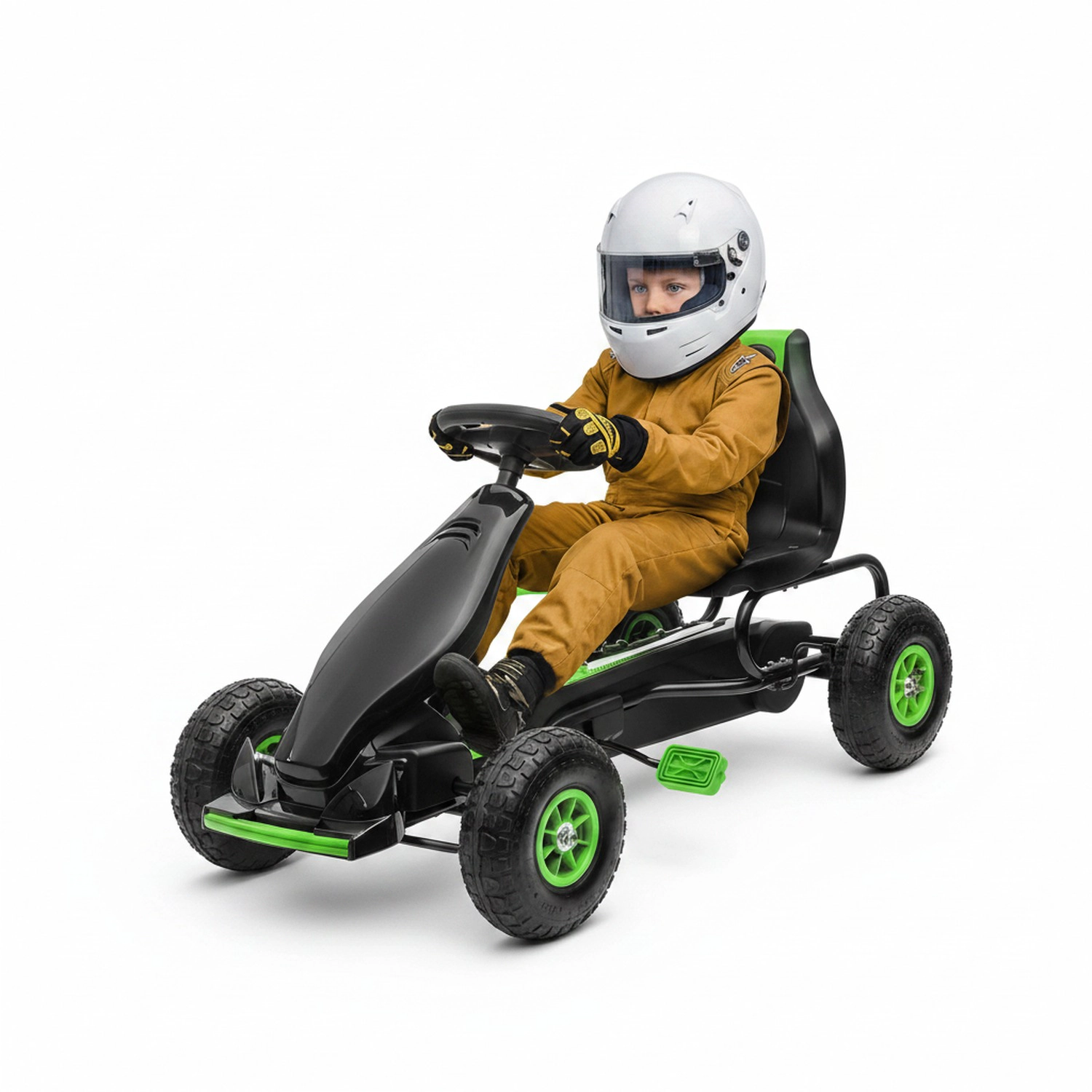 HONGGE Pedal Go Kart for Kids with Ergonomic Adjustable Seat, Rubber Tread Wheels & Handbrake, Ages 5-12, Green