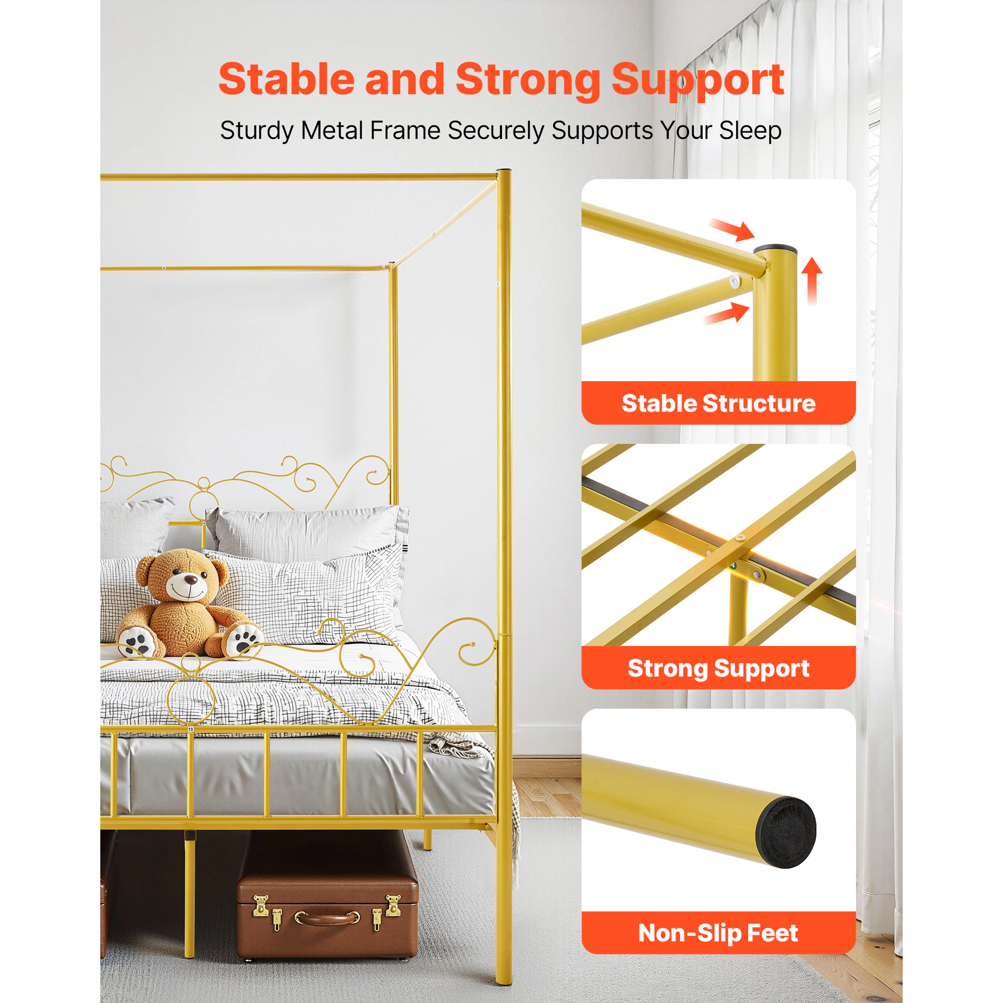 HONGGE Canopy Bed Frame Metal with Minimalist Headboard & Four Posters Design Heavy Duty Steel Slats Support