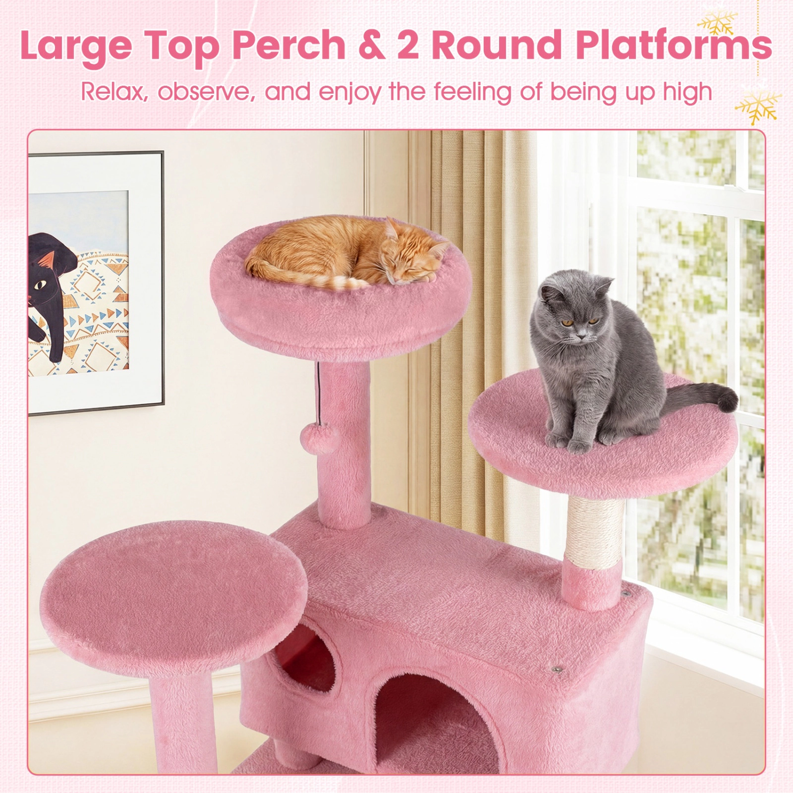 SUGIFT 52-in Pink Cat Tree Tower with Thick Padded 12-in Top Perch 2 Caves and Sisal Posts for Indoor Cats