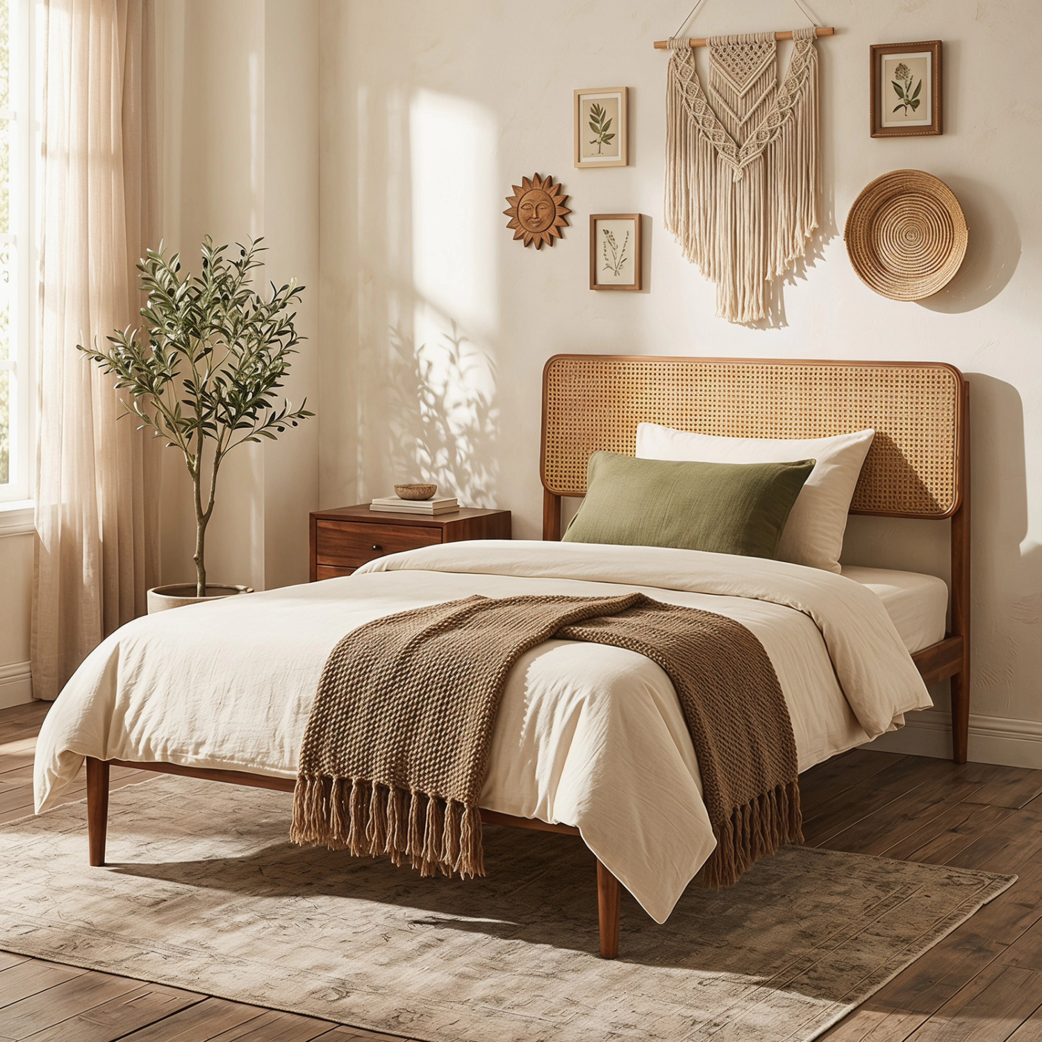 LJG Wooden Boho Rattan Brown Bed Frame with Wooden Slat Support