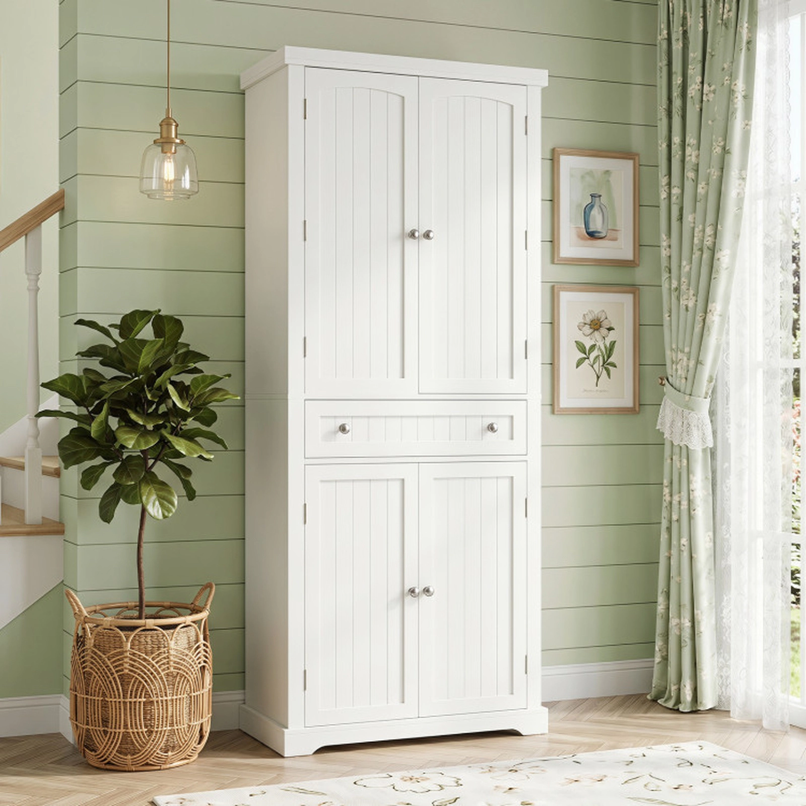 SUGIFT Tall Kitchen Pantry Storage Cabinet with 4 Fluted Doors Drawer 22-lb Shelf Capacity 11-lb Drawer Capacity White