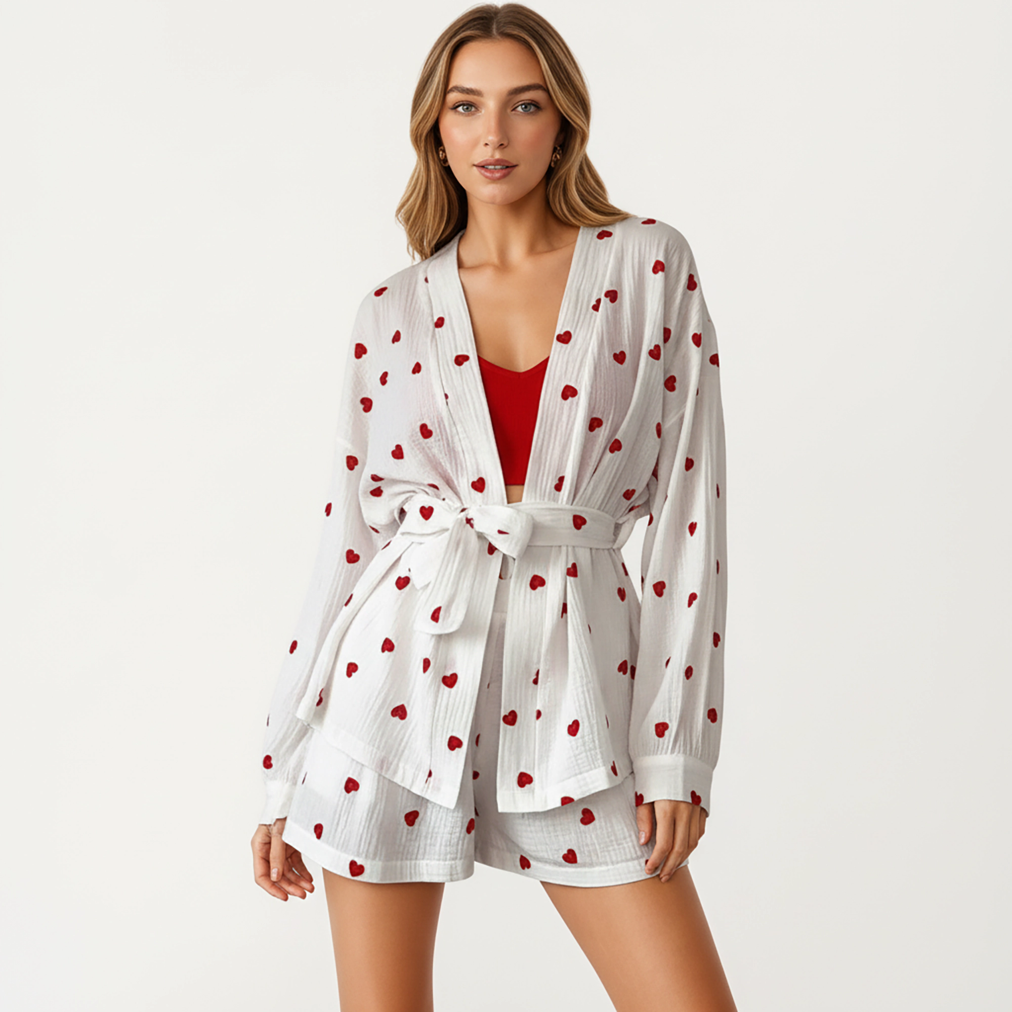 Anna-Kaci Women's Valentine Heart Print 2-Piece Pajama Set with Long Sleeve Tie-Waist Robe and Relaxed Fit Shorts