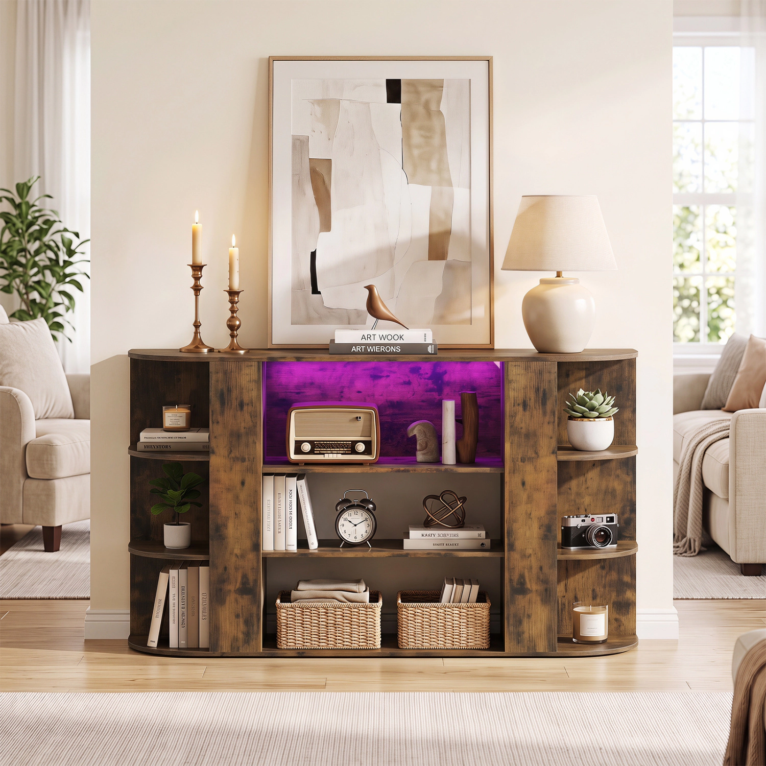 LJG 50 Inch TV Stand for 55 with RGB Lights Entertainment Center Adjustable and Removable Shelf