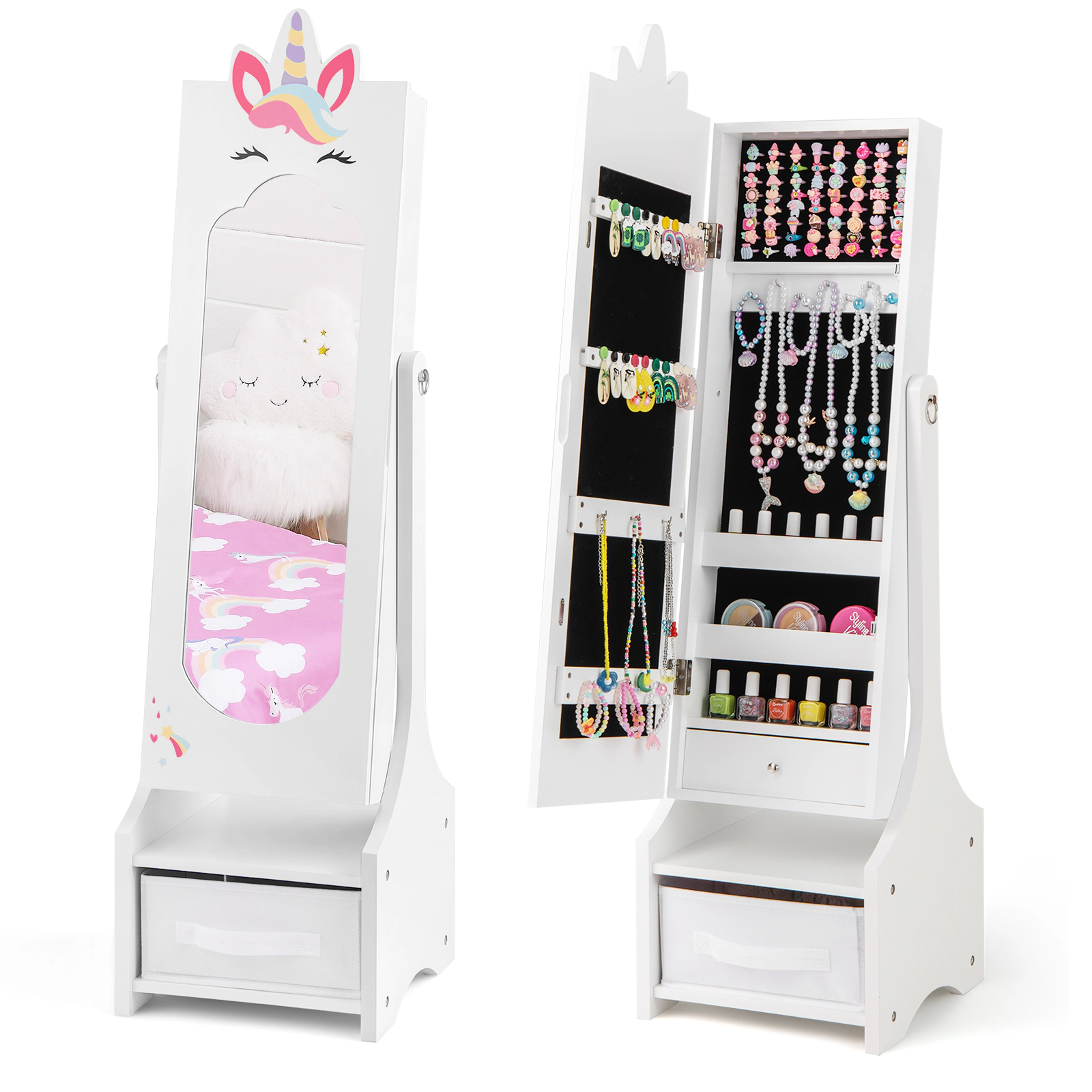 Hivvago Kids Jewelry Cabinet with Full-Length Mirror for Kids Bedroom and Playroom