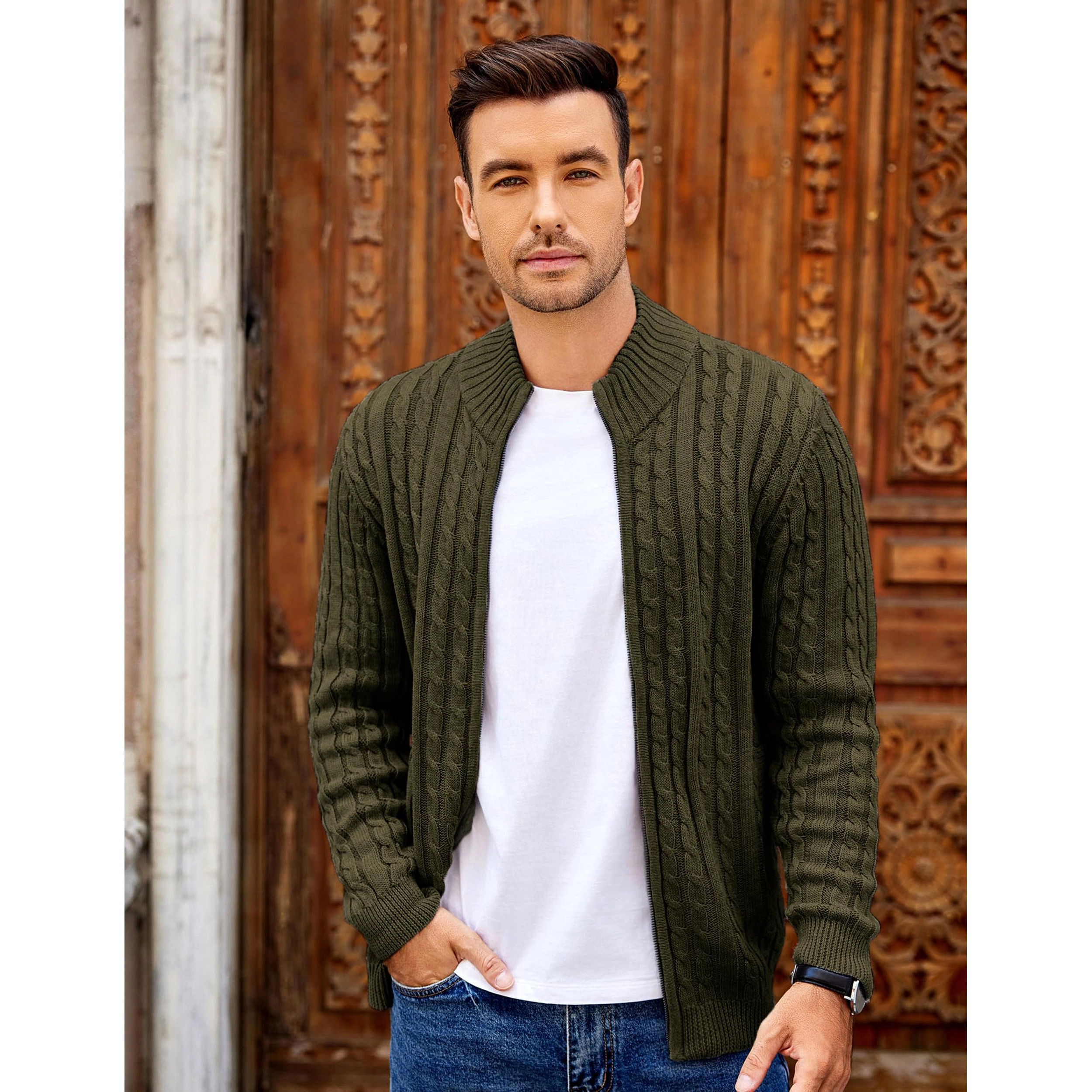 COOFANDY Men's Regular Fit Mock Neck Full Zip Cardigan Sweater