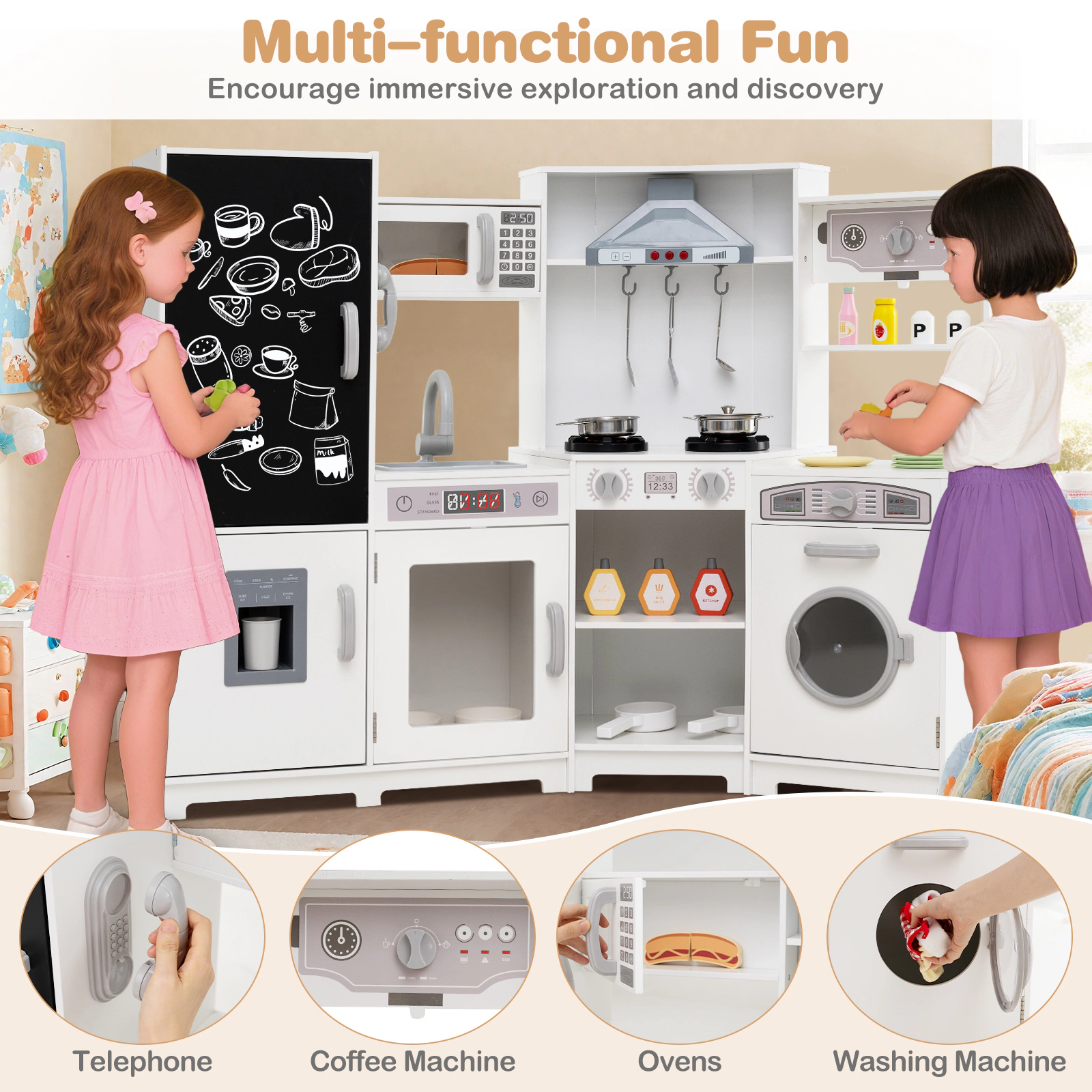 SUGIFT Corner Wooden Play Kitchen Lights & Sounds Large Pretend Play Kitchen Set 52-in Wide Ages 3+ White Espresso Pink