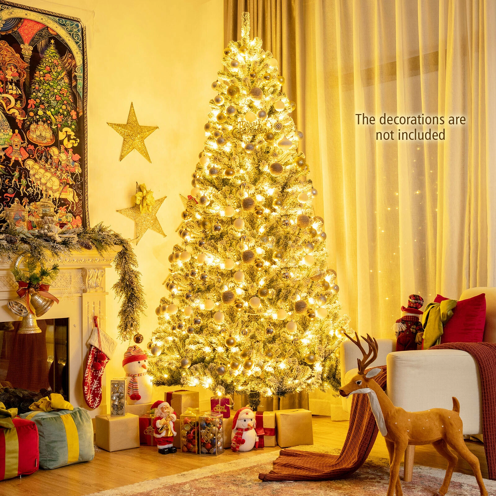 SUGIFT Snow Flocked 8-ft Pre-lit Christmas Tree with 928 Tips 650 LED Lights and Folding Metal Stand Green