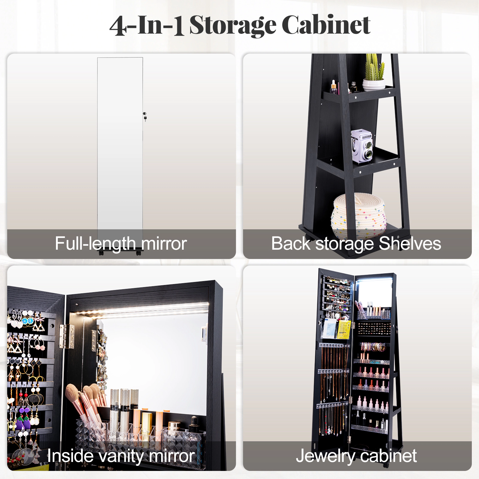 Hivvago 64 Inches Lockable Jewelry Cabinet Armoire with Built-in Makeup Mirror
