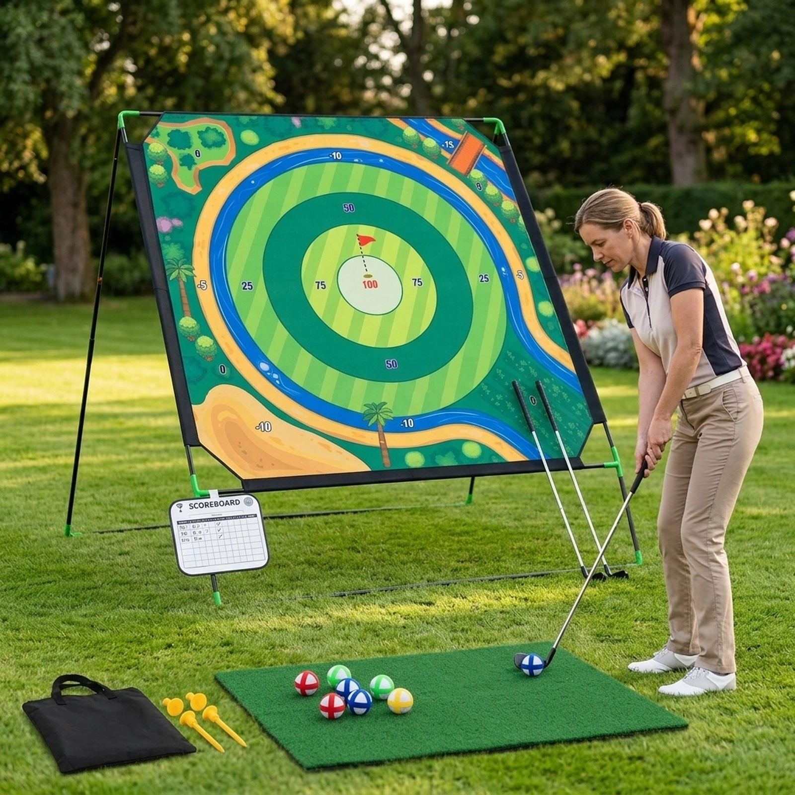 6-ft x 6-ft Golf Chipping Game Set with 24 Sticky Balls Adjustable Target Angle and 2 Clubs Backyard Indoor Outdoor