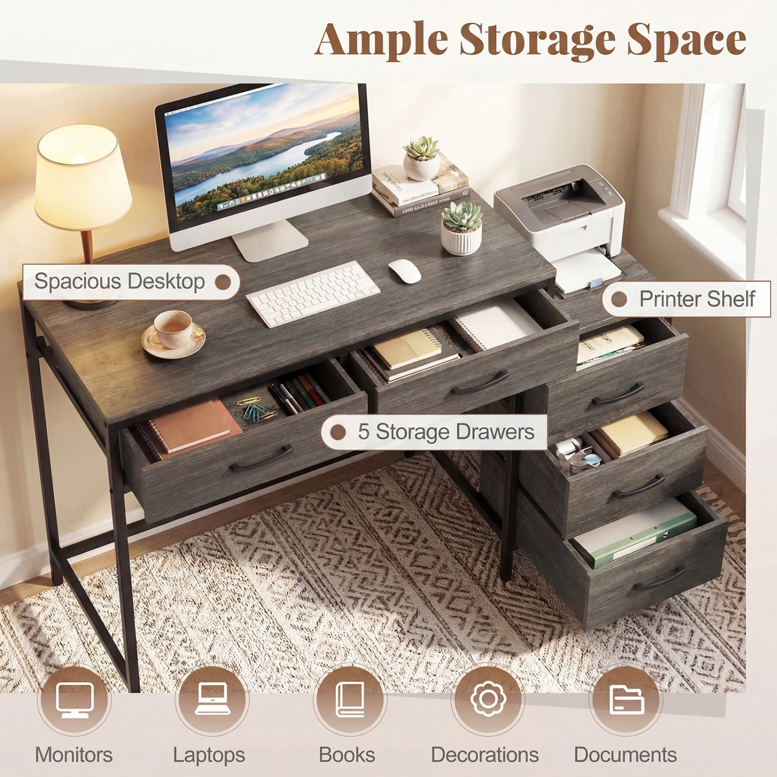 SUGIFT Oak 5 Drawers and Printer Stand for Small Spaces 51 Inch Computer Desk
