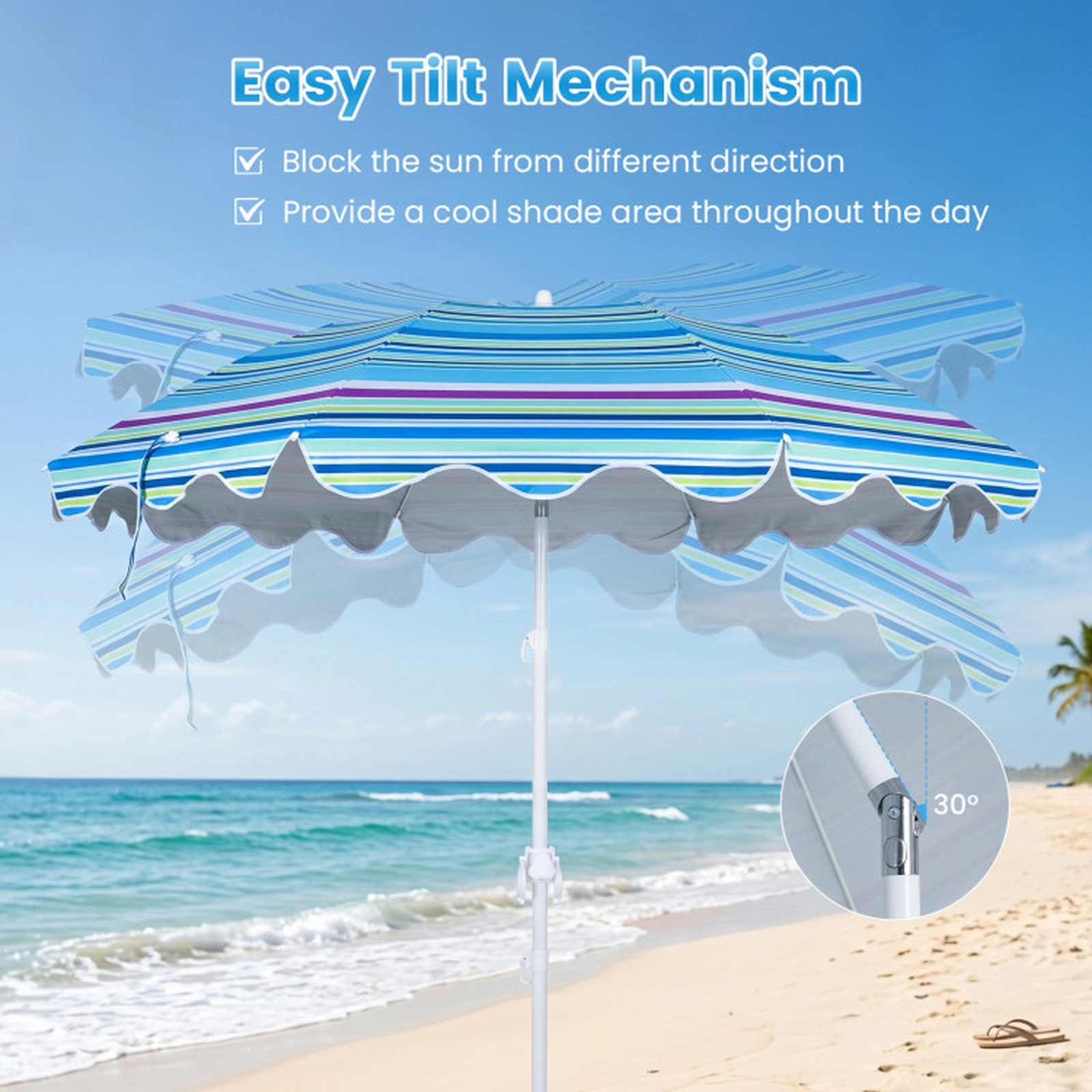 SUGIFT UPF 50+ Silver-Coated Beach Umbrella Sand Anchor & Cup Holder 7-ft Canopy 16-in Anchor 2.5-in Cup Holder Blue