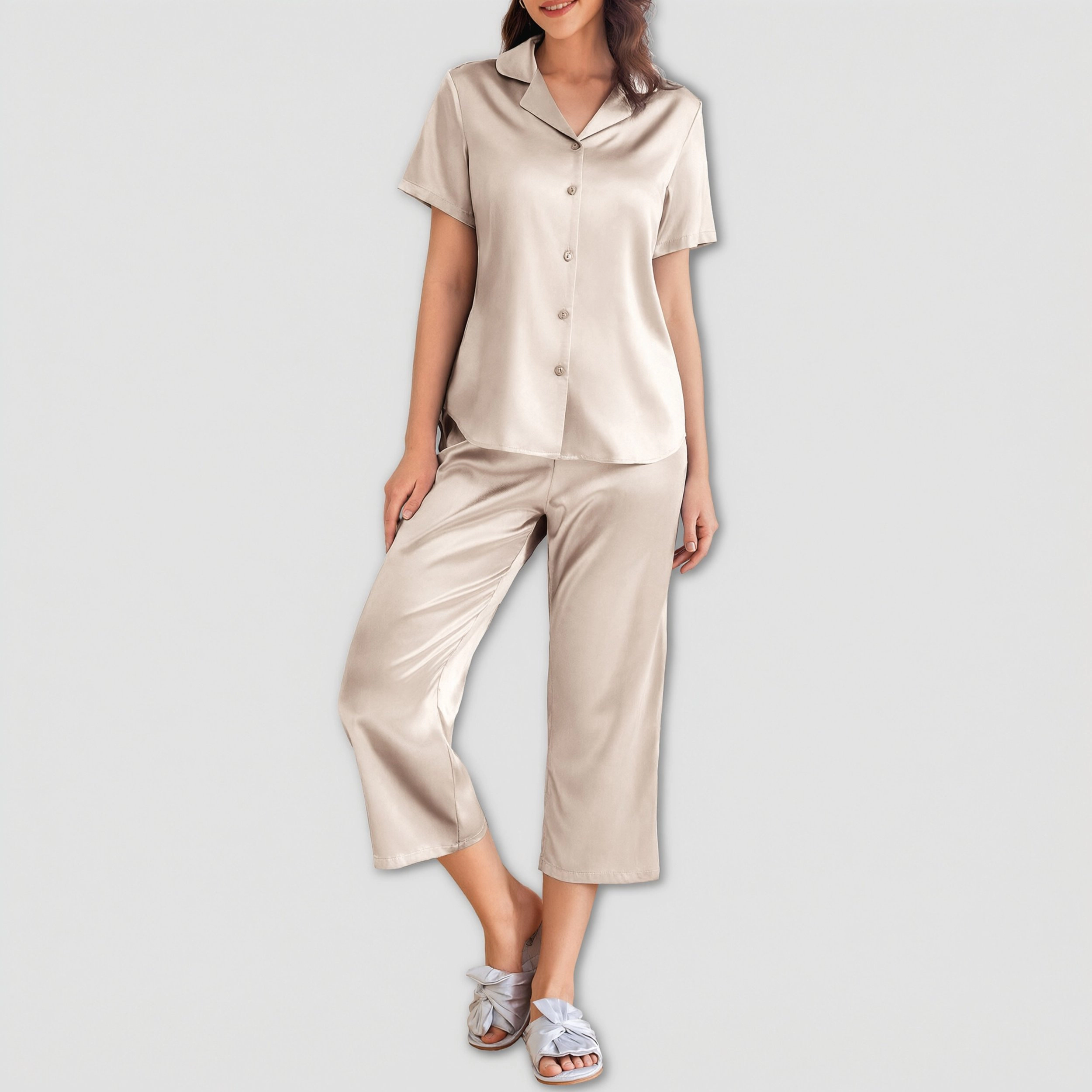 Ekouaer Womens Satin Pajamas Capri Pjs 2 Piece Lounge Sets Short Sleeve Button Down Sleepwear