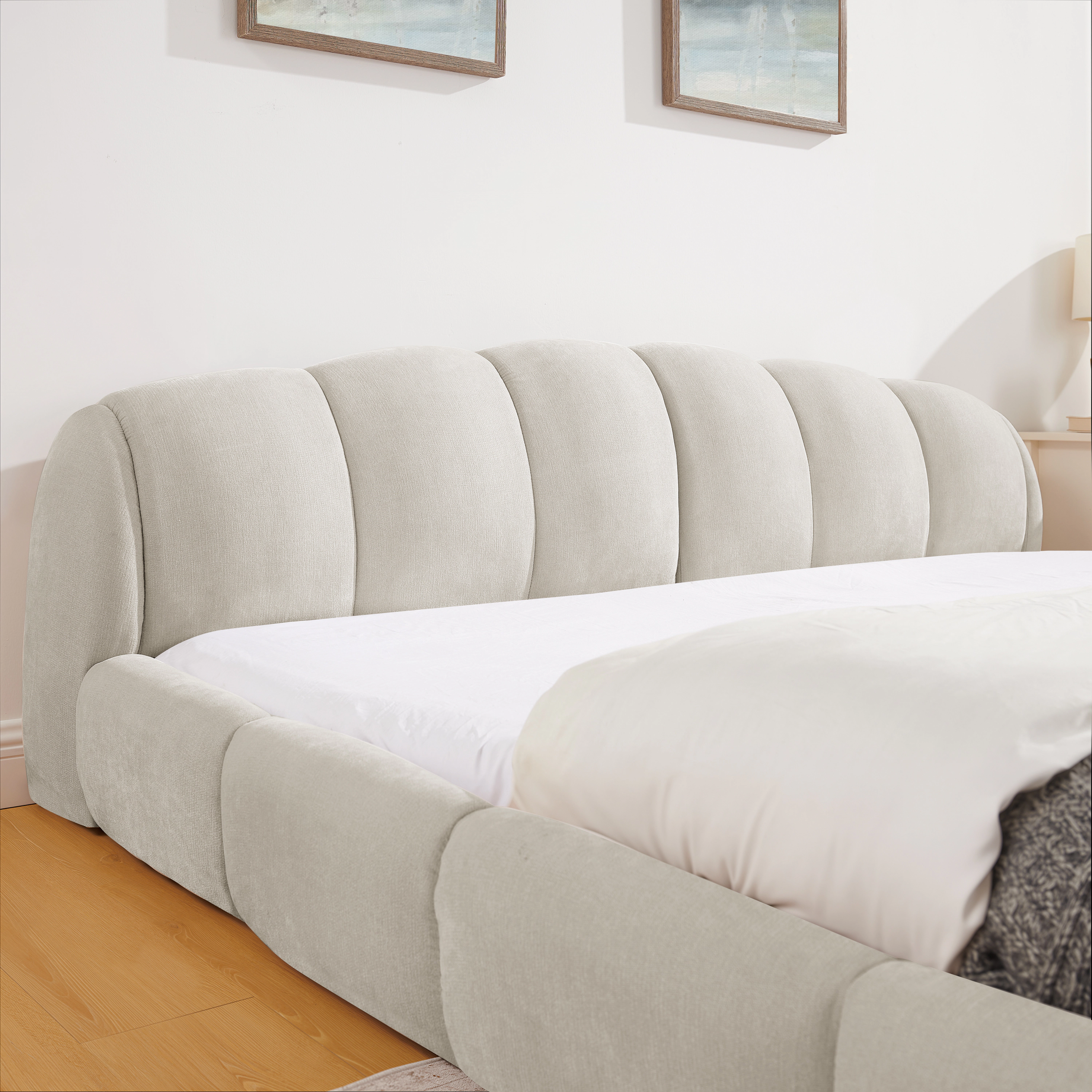 Flynama King Chenille Platform Bed, Thick Curved Headboard & Footboard, Low Profile, Beige