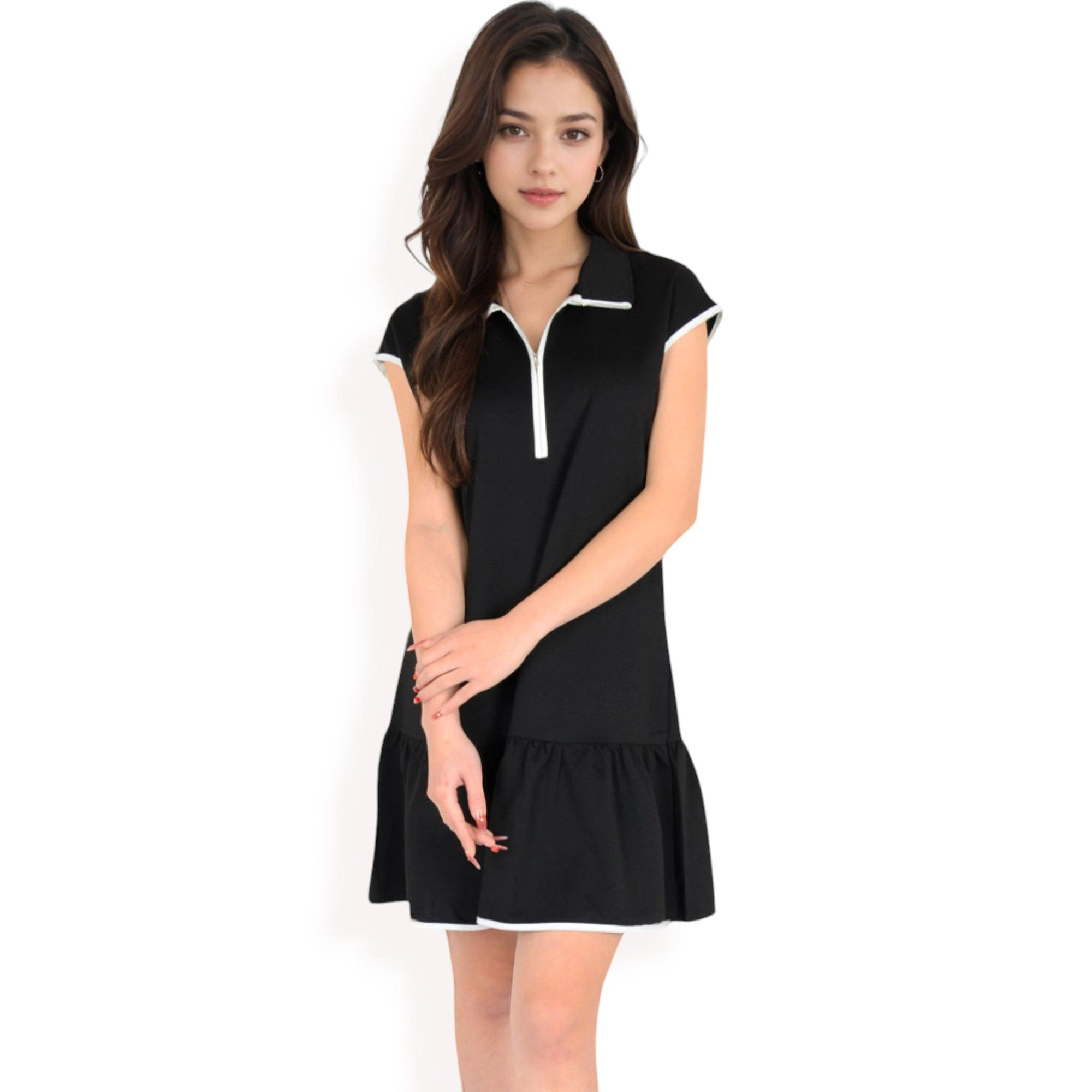 Anna-Kaci Women's Zip Up Collared Ruffle Hem Dress