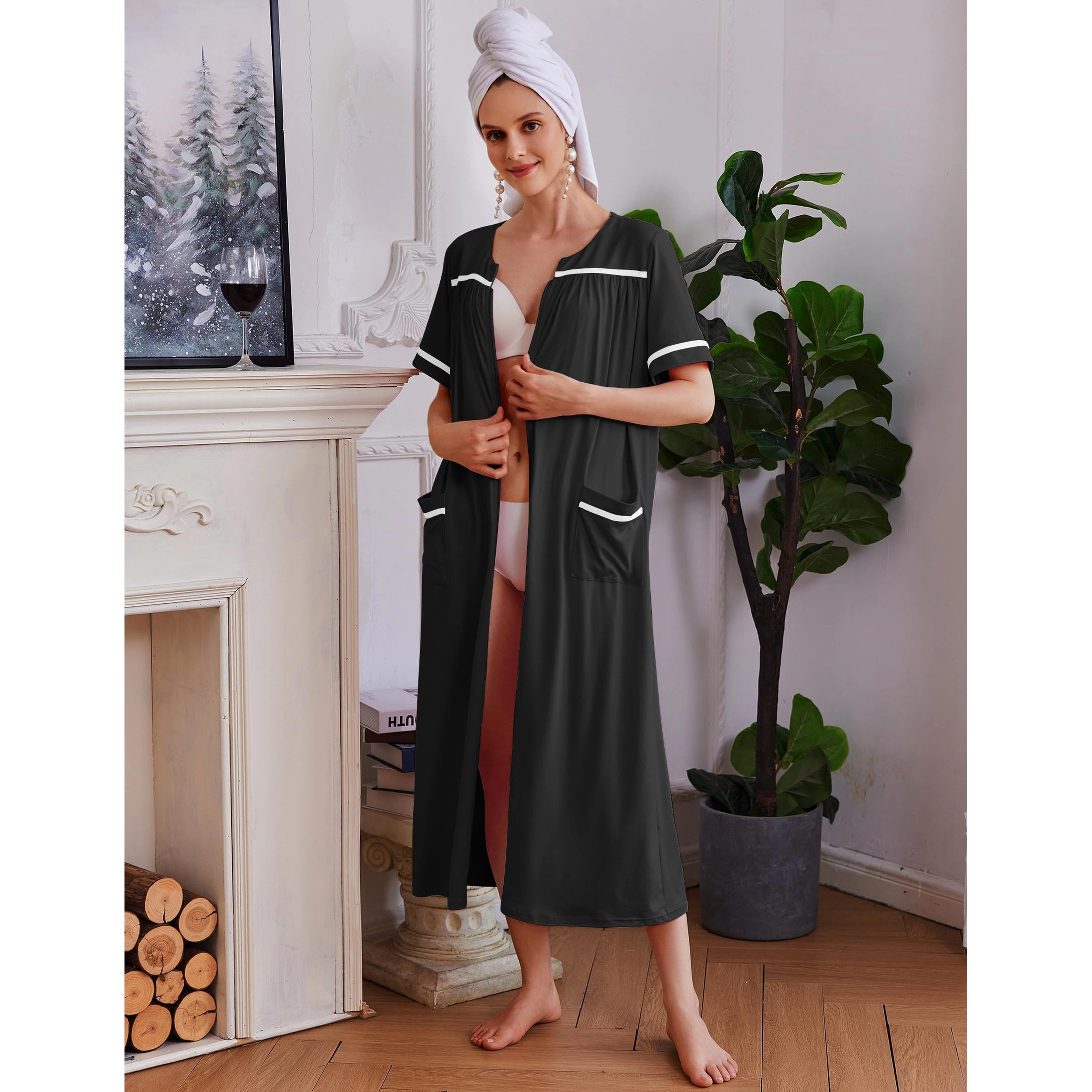 Ekouaer Zipper Robes for Women Bathrobe Soft Lightweight Housecoat Full Length Nightgown