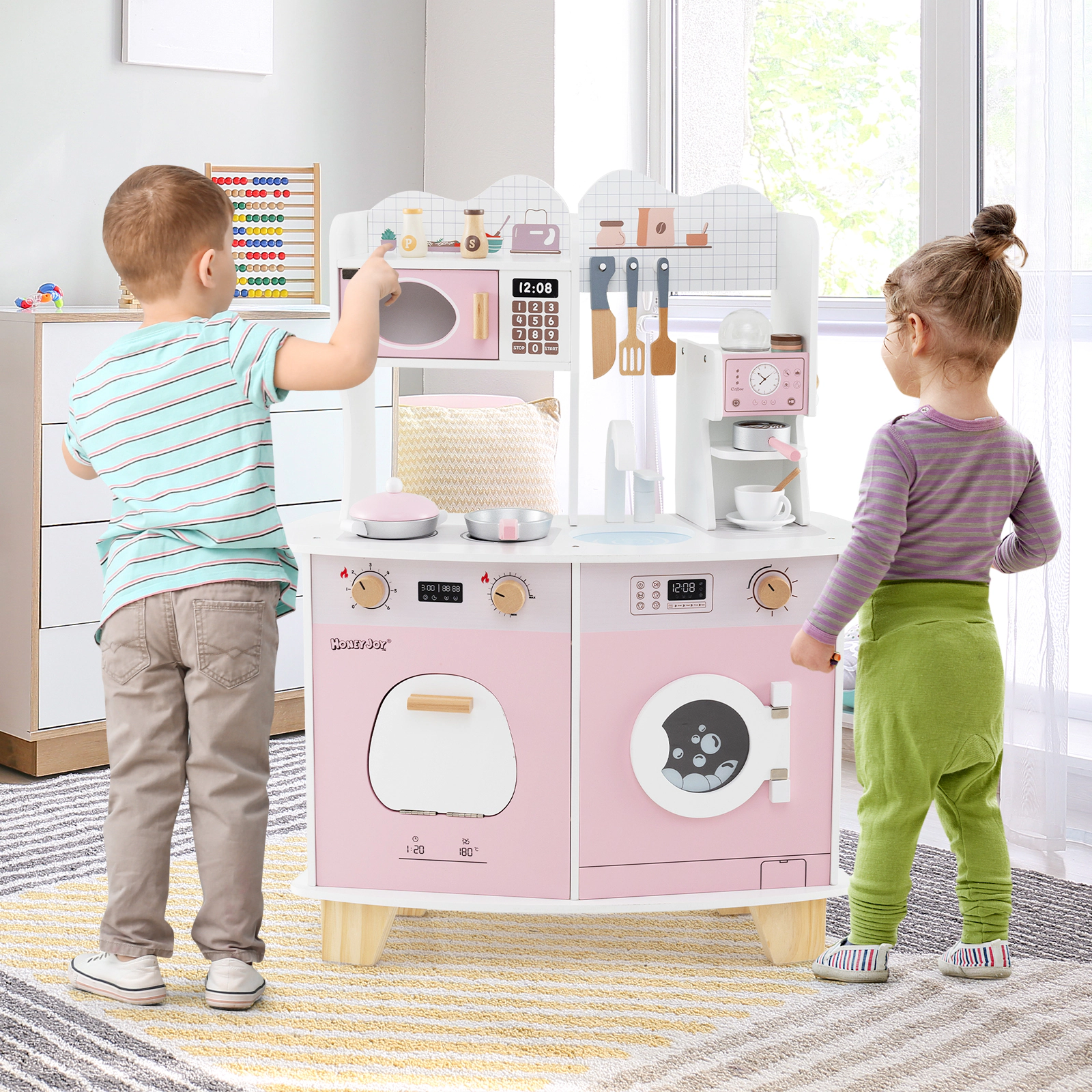 LJG Wooden Kids Kitchen Playset with Coffee Maker for Kids