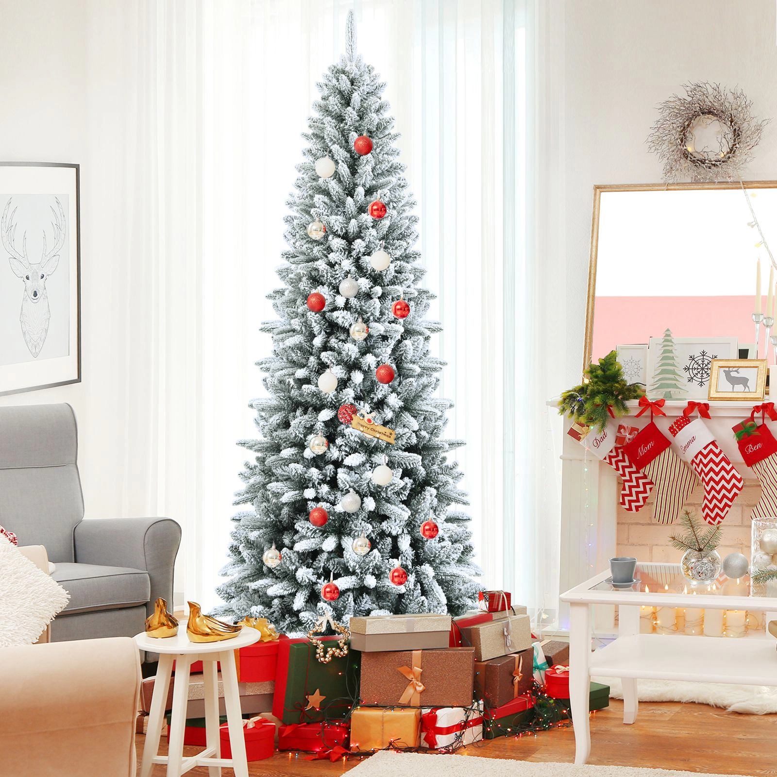 SlickBlue Narrow Holiday Tree with Snowy Branches for Indoor Seasonal Decoration