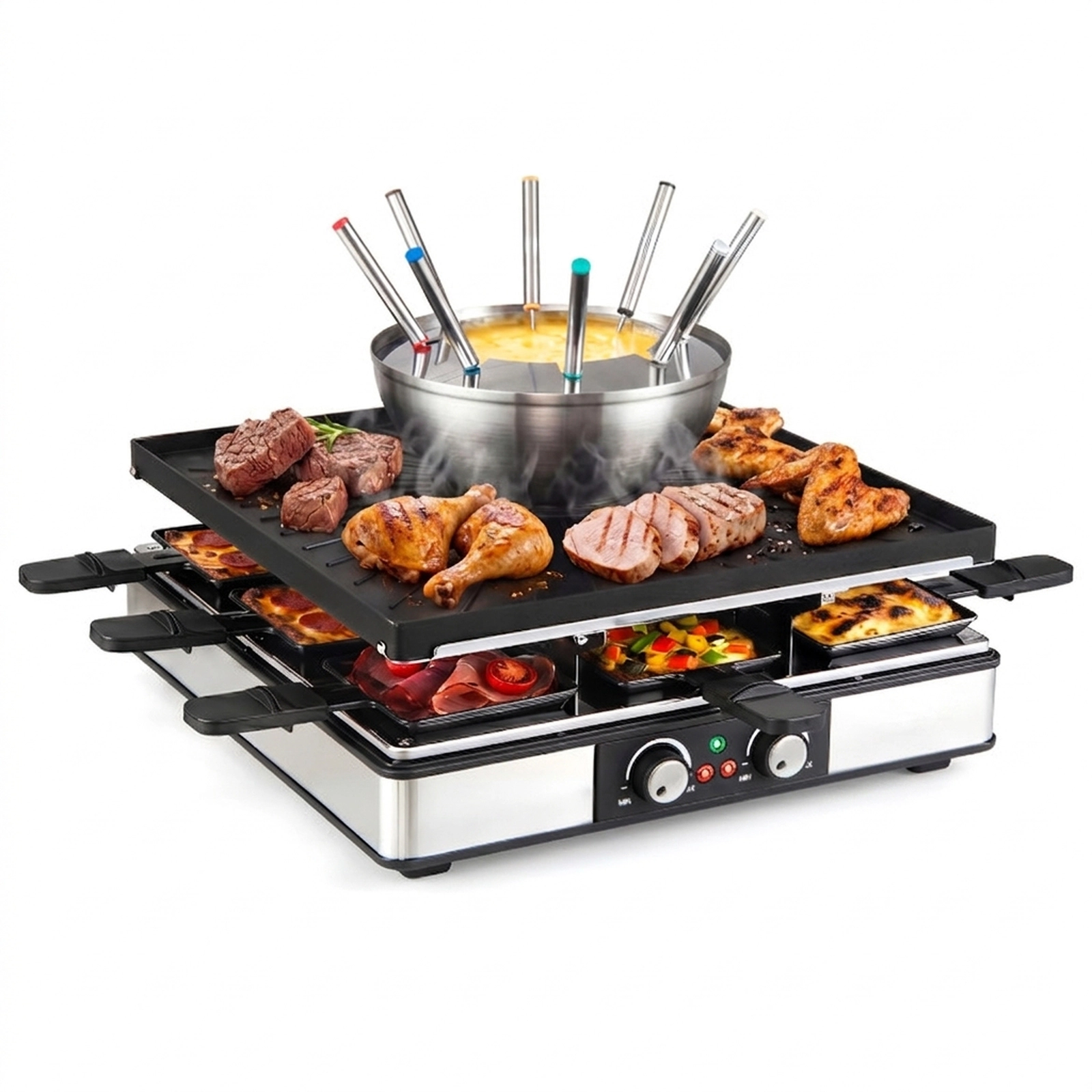 SUGIFT Black 1800W Raclette Table Grill for 8 with Fondue Pot Set Dual Thermostats and 26 Accessories