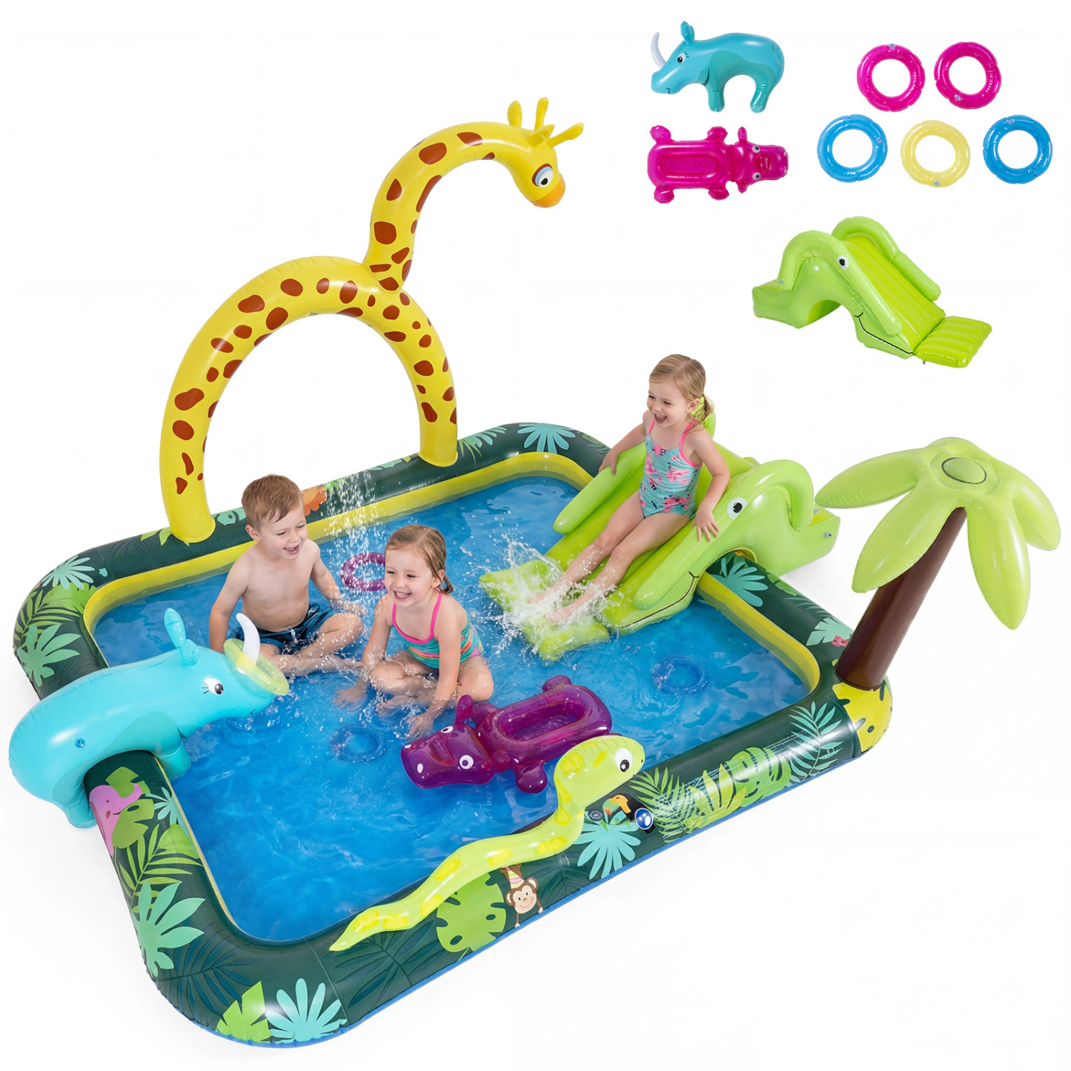 LJG Kids Inflatable Play Center Jungle Animal Spray Pool with Slide Giraffe-Shaped Sprinkle