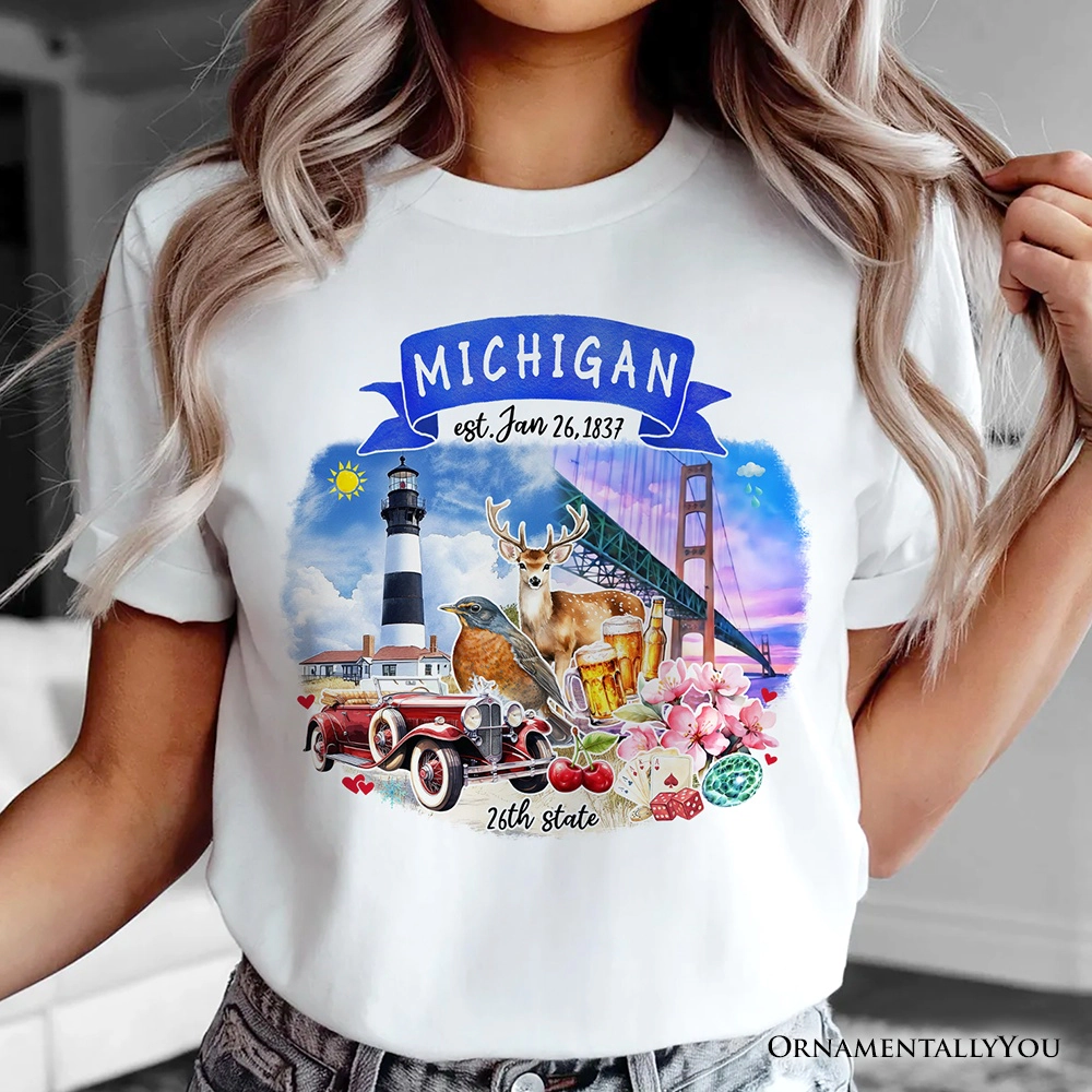 OrnamentallyYou Unisex Artistic Michigan State Themes And Landmarks T-Shirt