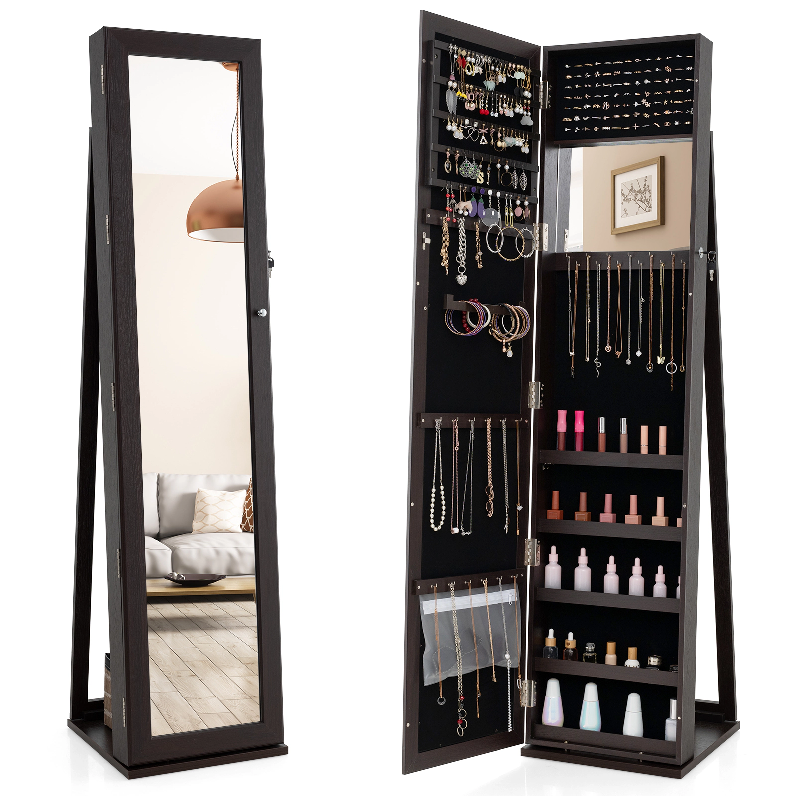 Hivvago Standing Lockable Jewelry Storage Organizer with Full-Length Mirror