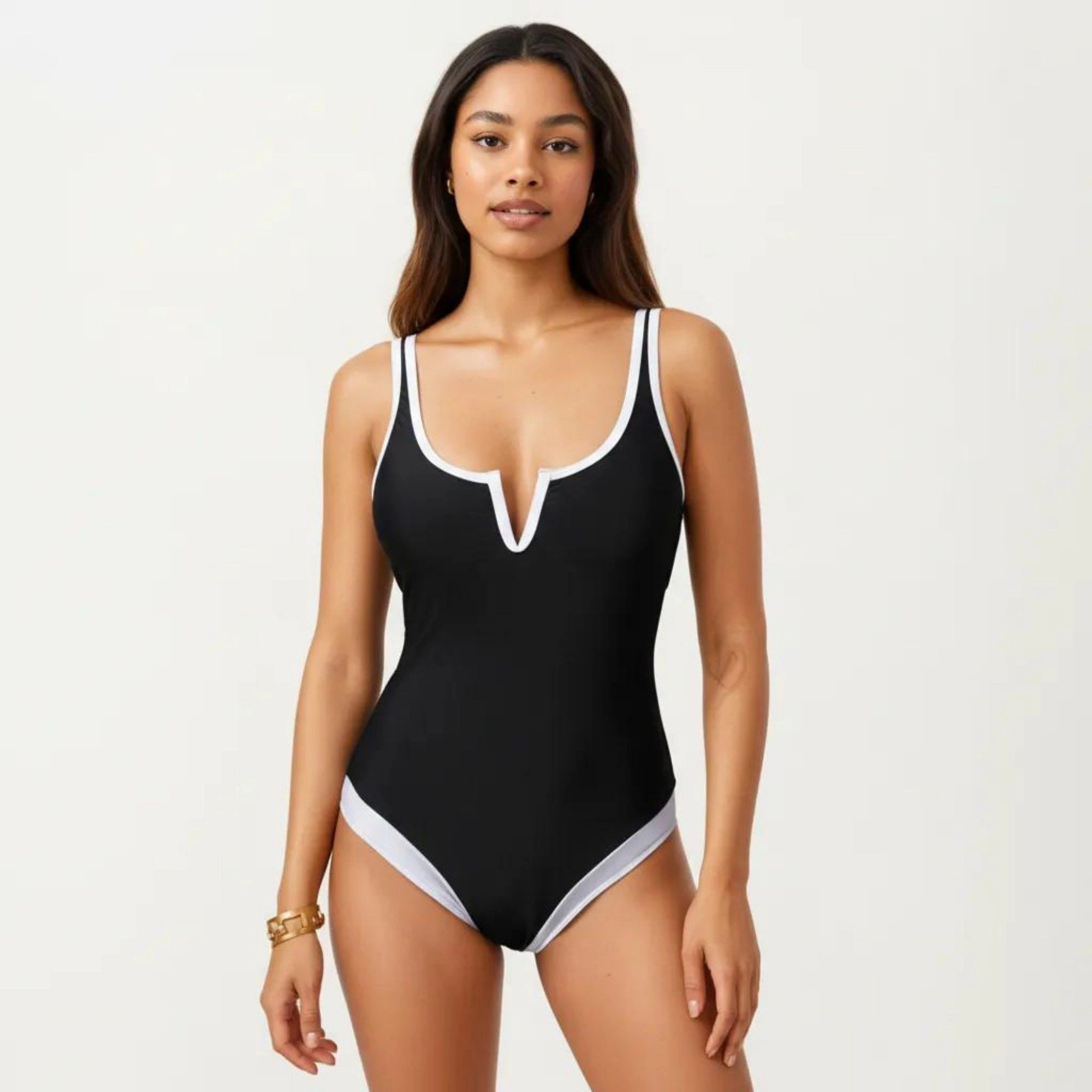 Anna-Kaci Women One Piece Swimsuit - Notched Scoop Neck, Contrast Trim, Contoured Fit