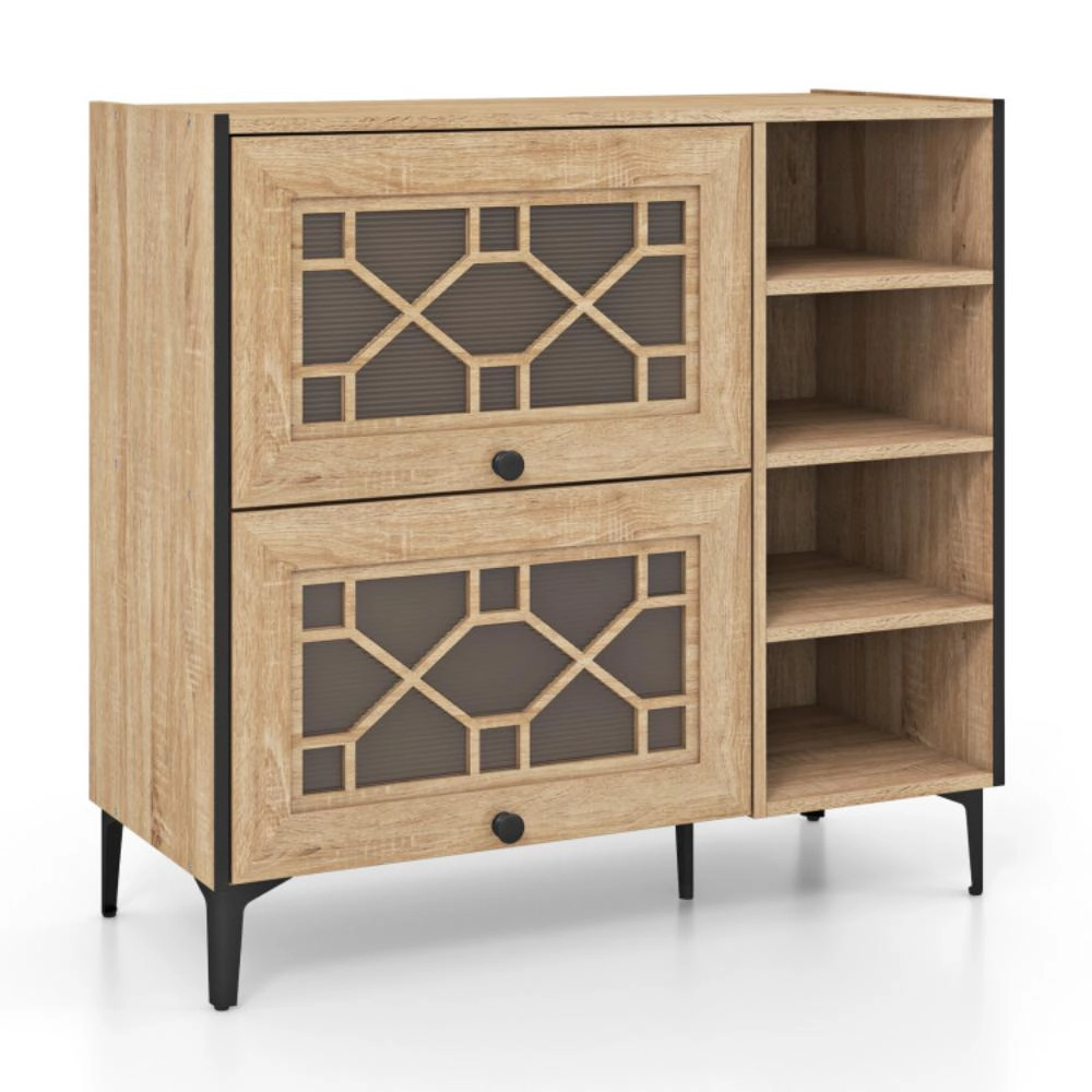 Hivvago Rustic Shoe Cabinet with Flip-up See-through Doors and Adjustable Shelves-Oak