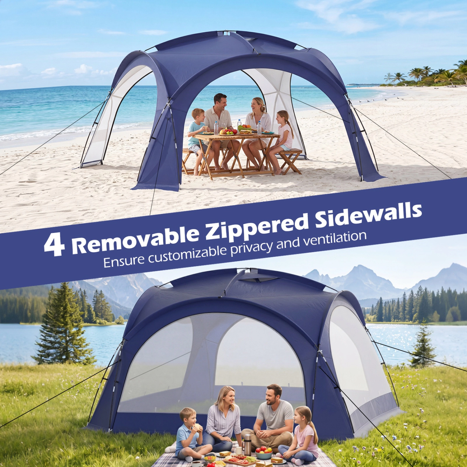 SUGIFT Extra Large Easy Setup Dome Canopy Beach Tent for 12-15 People with 4 Removable Zippered Sidewalls Blue/Beige