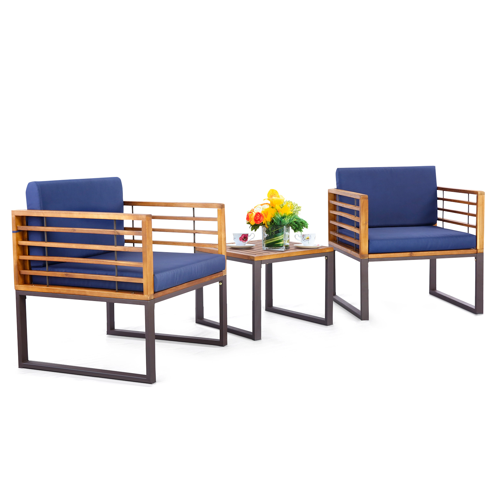 SUGIFT Patio Acacia Wood Conversation Set with Cushioned Armchairs 400-lb Chairs Navy Cushions Natural Black Frame