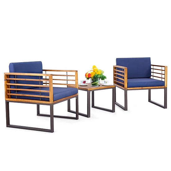 SUGIFT Patio Acacia Wood Conversation Set with Cushioned Armchairs 400-lb Chairs Navy Cushions Natural Black Frame