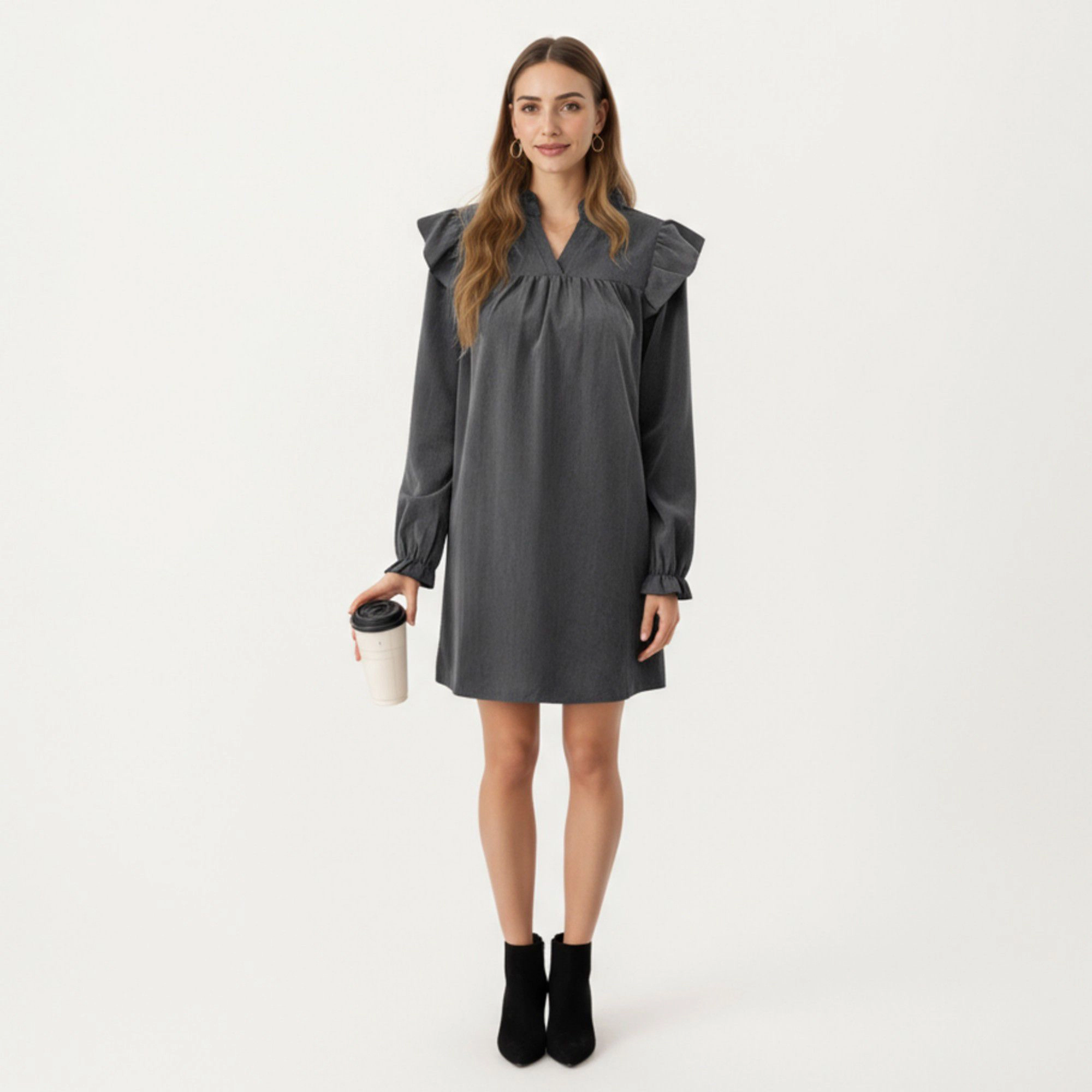 Anna-Kaci Women's Long Sleeve Ruffle Shoulder V Neck Gathered Detail Mini Dress